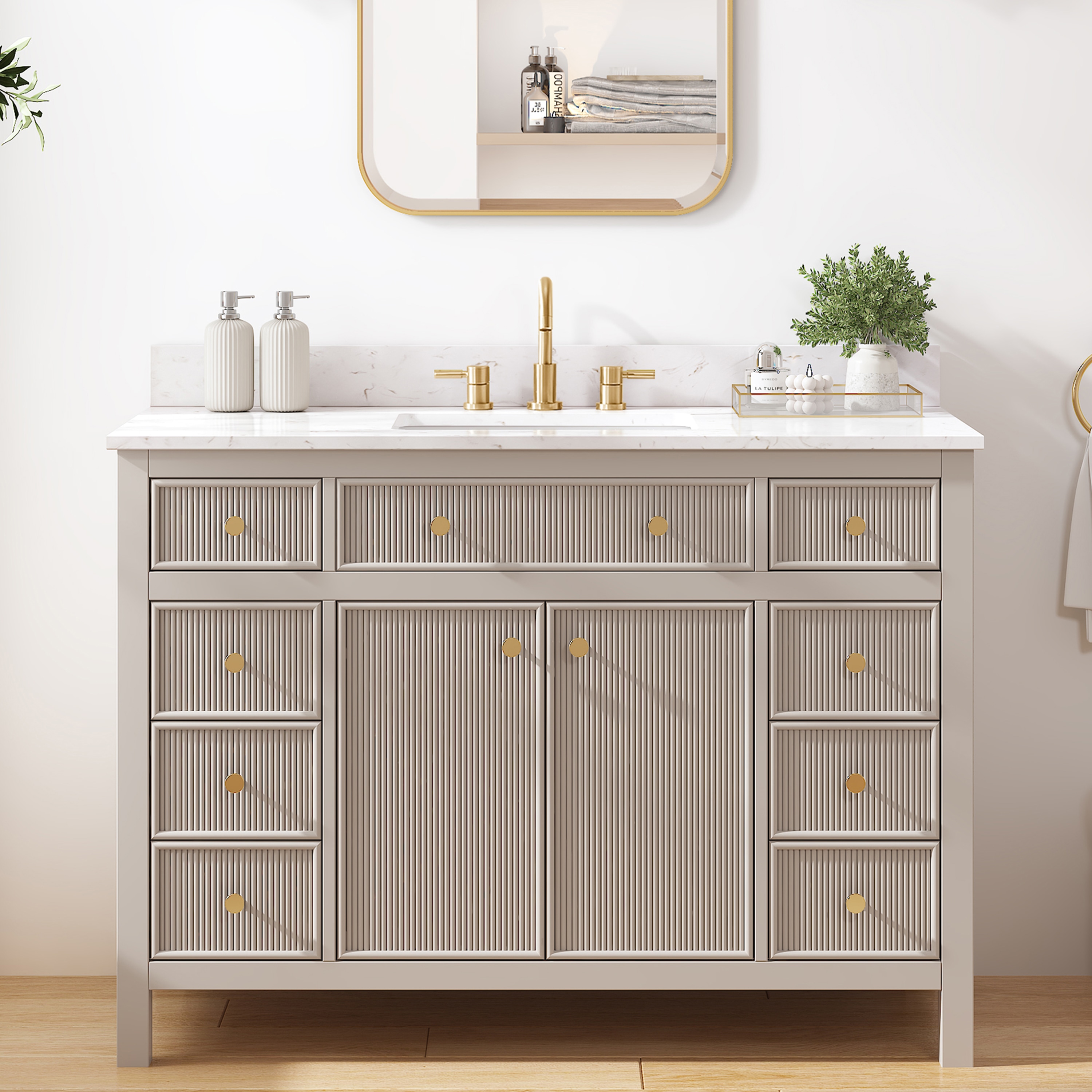 allen + roth L23011-VS48-GE Sandbanks 48-in Flaxen Greige Undermount Single Sink Bathroom Vanity with White Engineered Stone Top