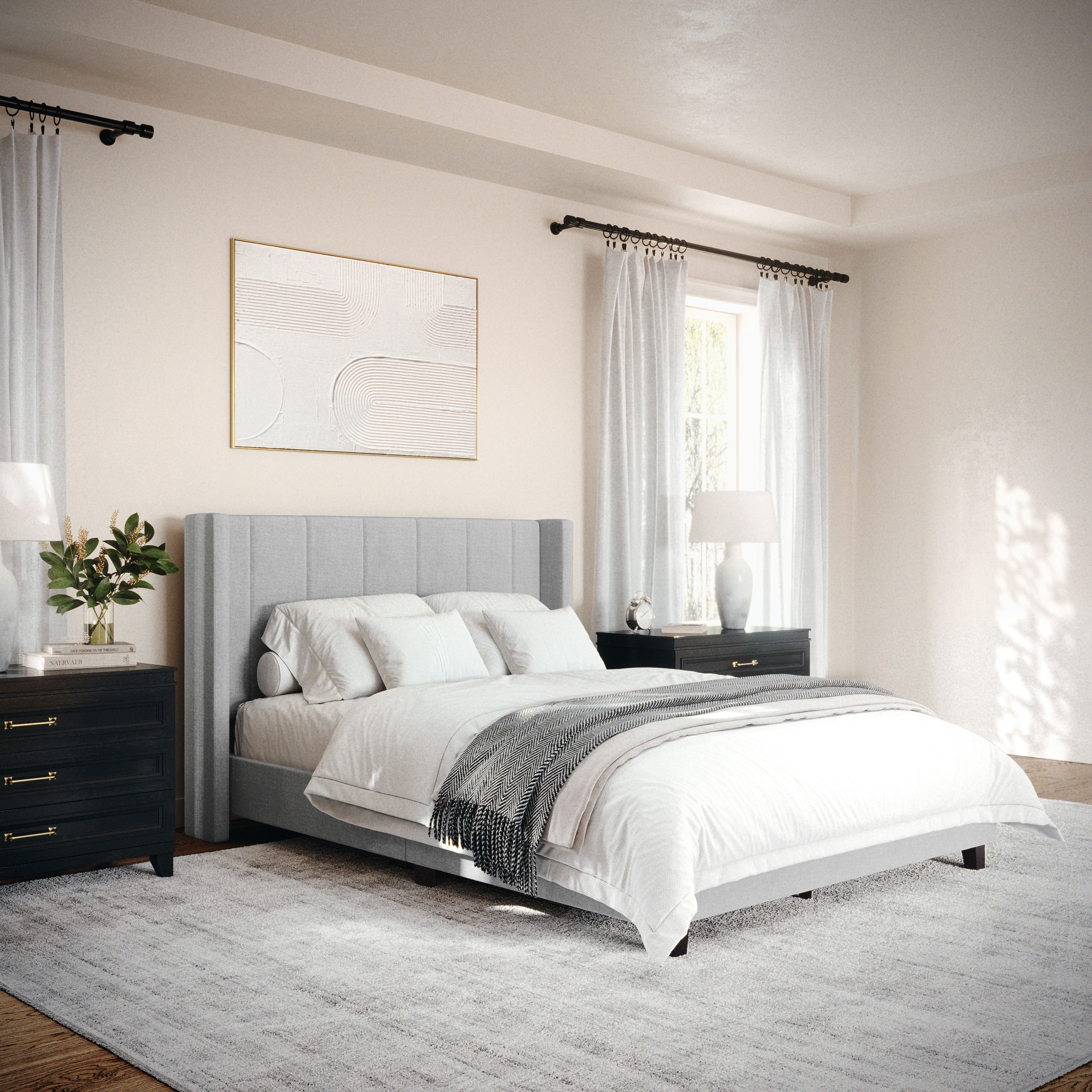Gray Full Upholstered Platform Bed with Linen Headboard