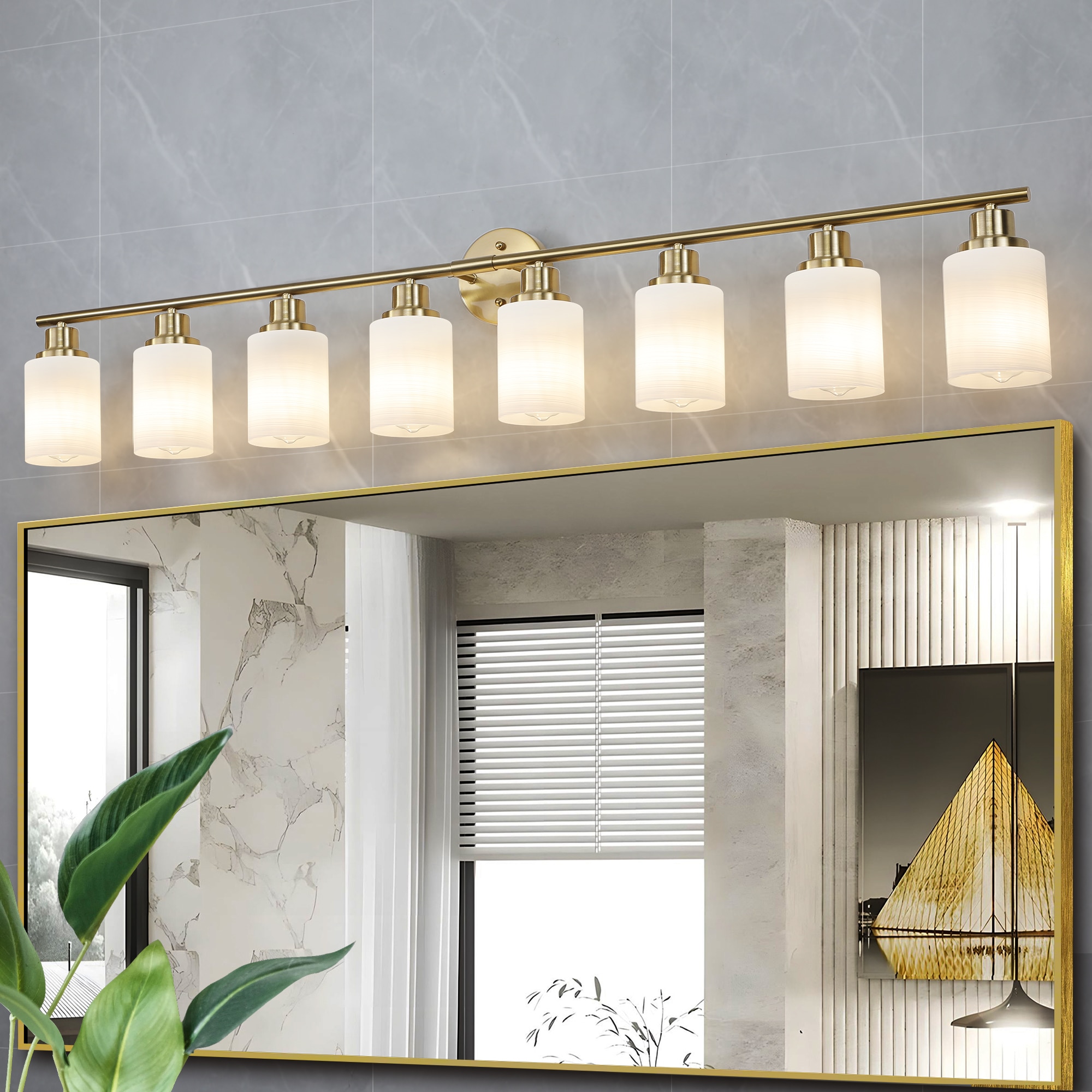 Tenleaf 52Inches Modern 8-Light Vanity Wall Sconce Golden Finish with Frosted Glass Shades for Bathroom or Hallway Lighting (No Bulbs)