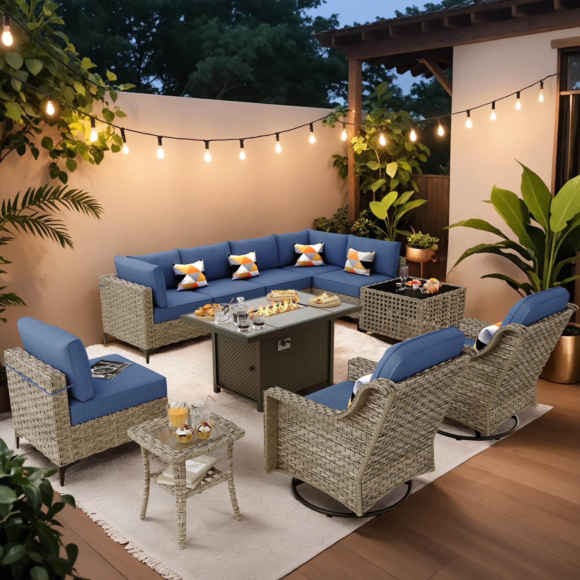 XIZZI XISKT706-RC3IFP Amber Rattan Outdoor Sectional with Navy Cushions and Steel Frame