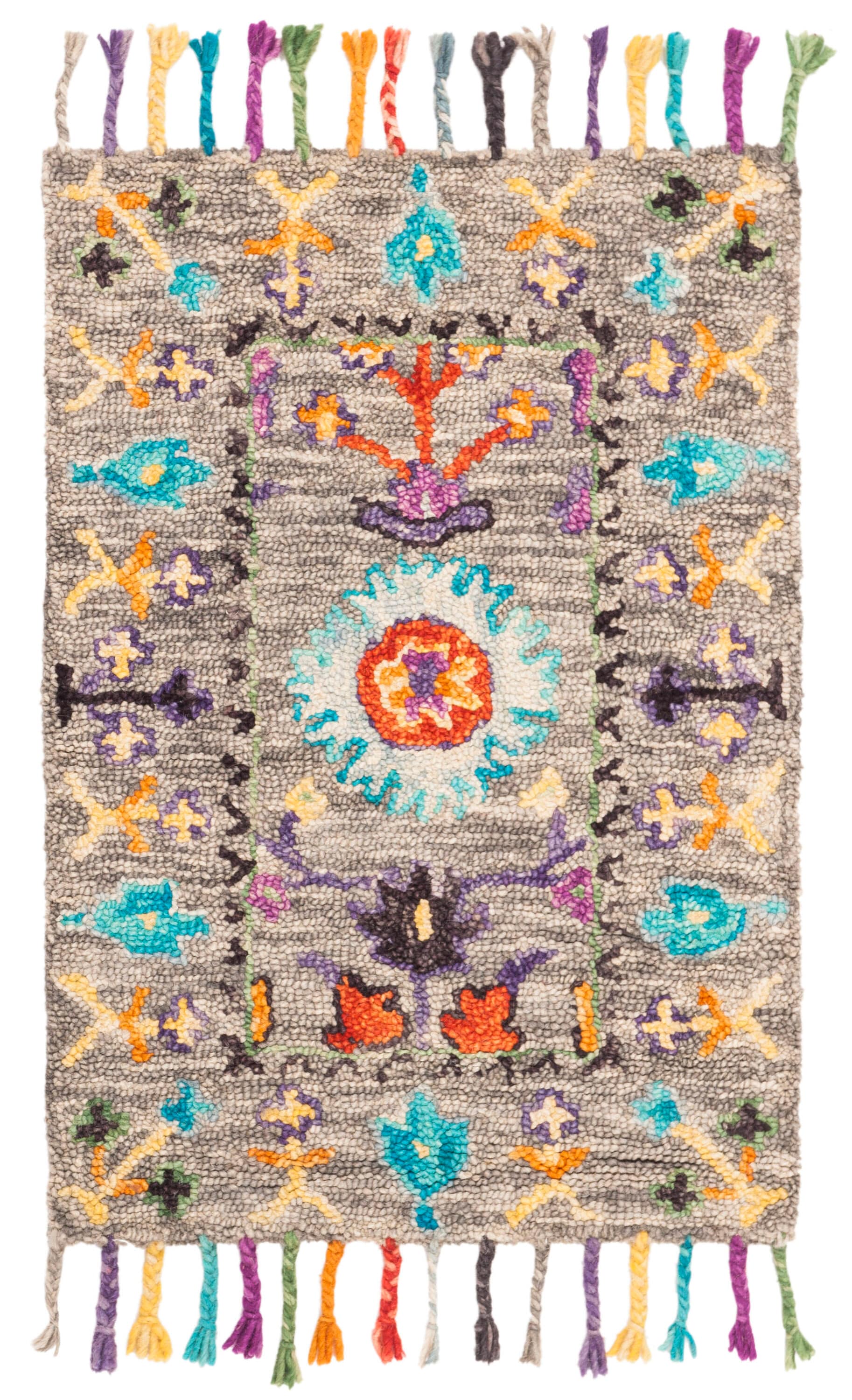 Hand-Tufted Floral Blossom Grey Wool 24" Rectangular Rug
