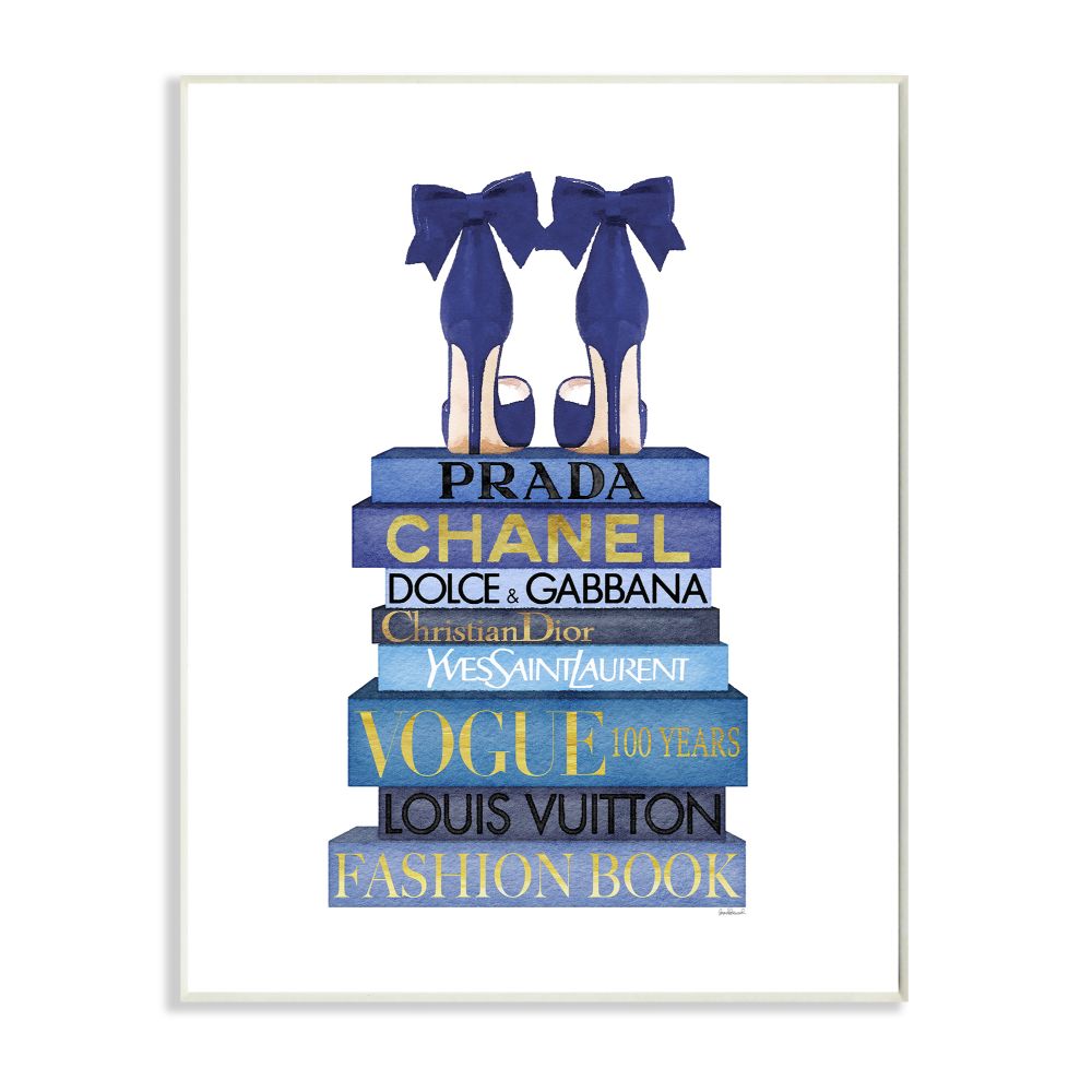 Stupell Industries Blue Bow Heels Above Iconic Designer Books by Amanda Greenwood Unframed Abstract Wood Wall Art Print 13 in. x 19 in., White