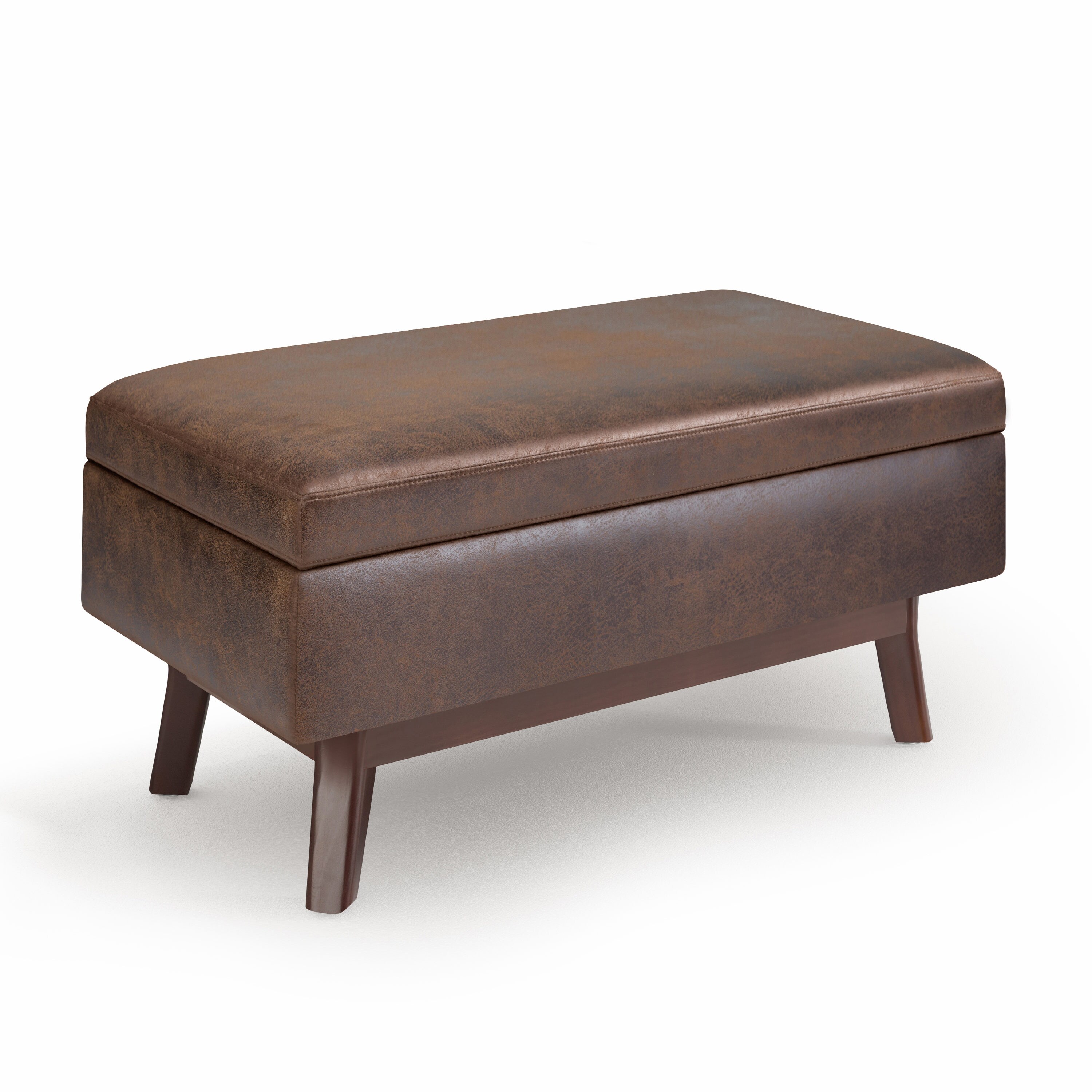 Simpli Home AXCOT267SR-DBR Owen Midcentury Distressed Chestnut Brown Faux Leather Storage Ottoman