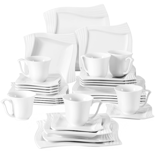 MALACASA Square Dinnerware Sets, 32-Piece Porcelain Plates and Bowls Sets  for 6, Marble Grey Dish Set with Dinner Plate Set, Dishes, Cup and Saucer