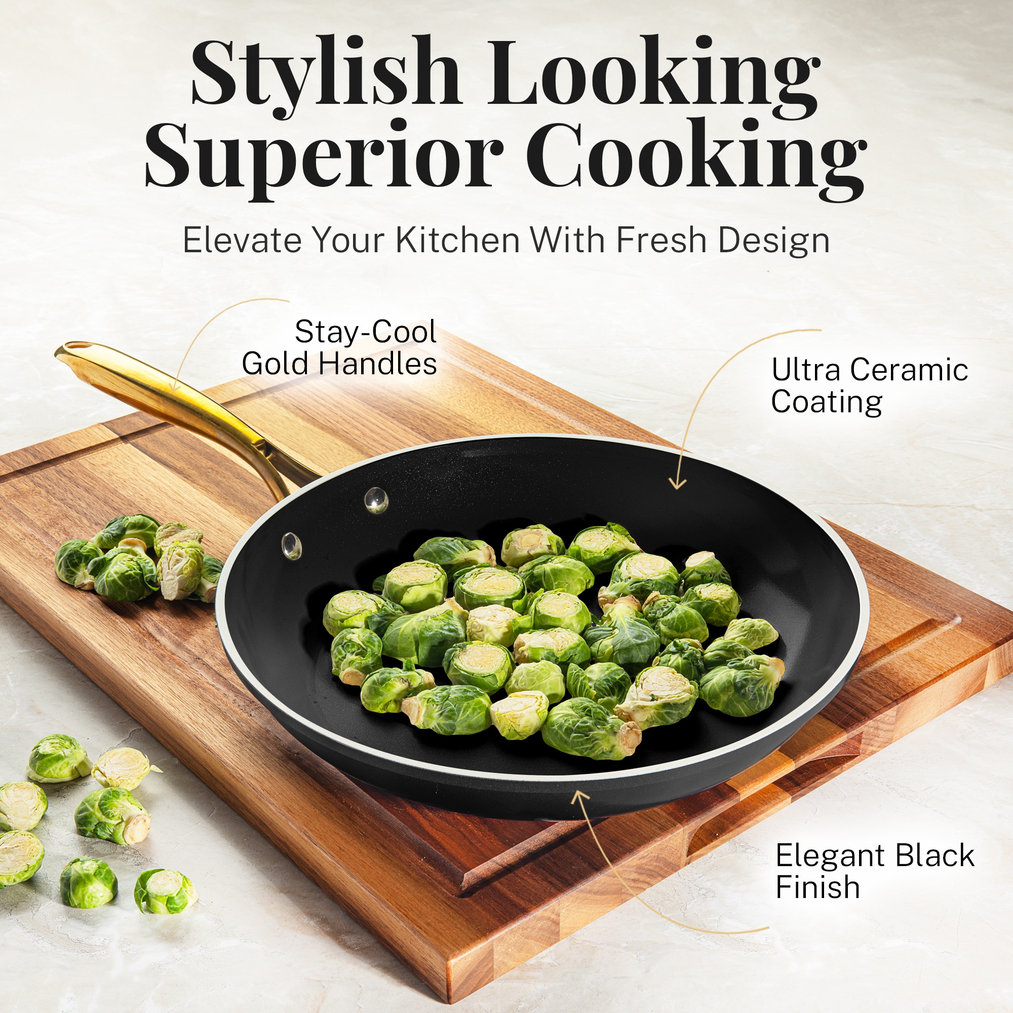 Black and Gold 15-Piece Nonstick Ceramic Cookware Set with Utensils