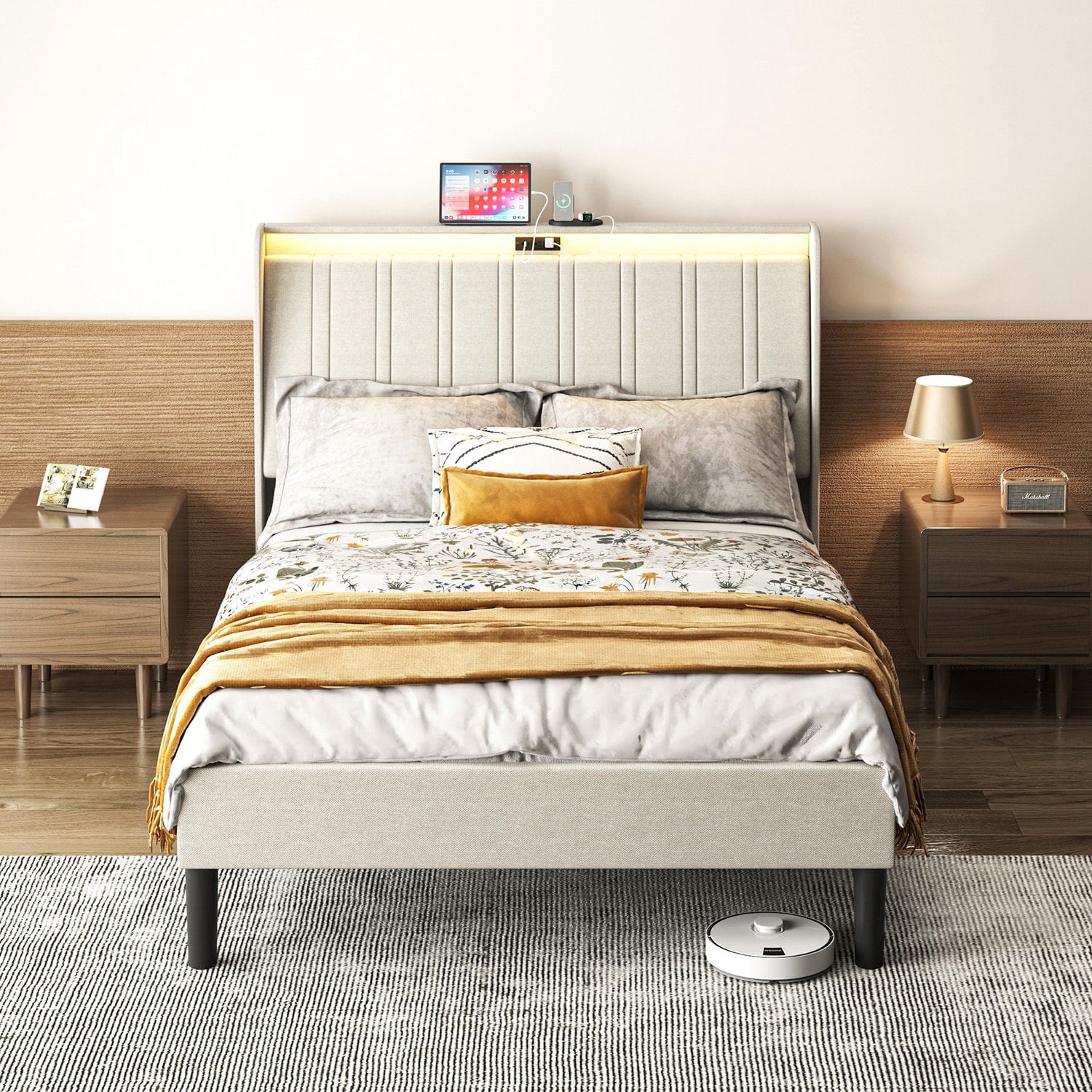 GZMR GM-W2894 Twin Size Platform Bed Frame Beige Twin Metal Bed frame Bed