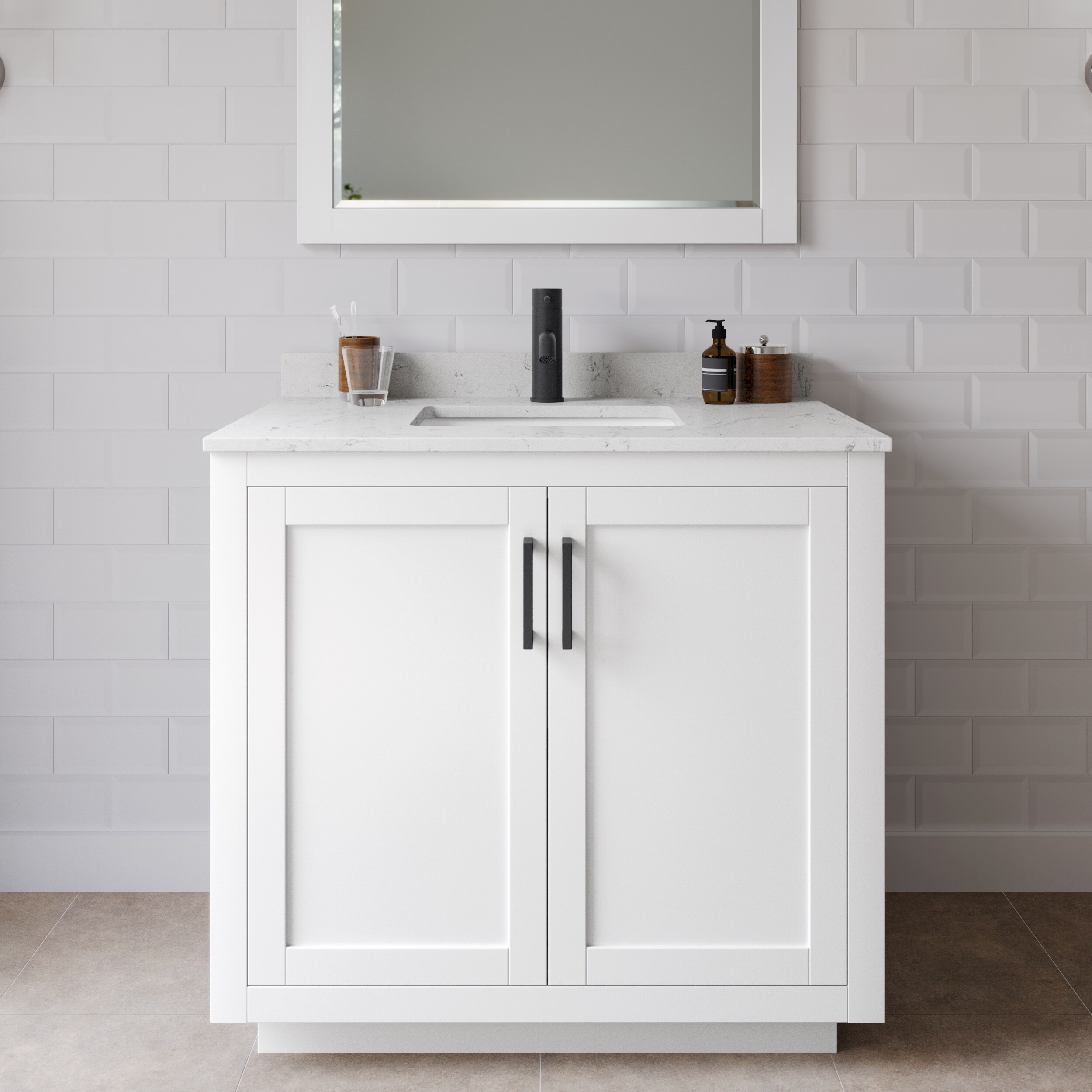 Wyndham Collection WCF292936SWBC2UNSMXX Miranda 36-in White with Matte Black Trim Undermount Single sink Bathroom Vanity with Carrara Cultured Marble Cultured marble Top