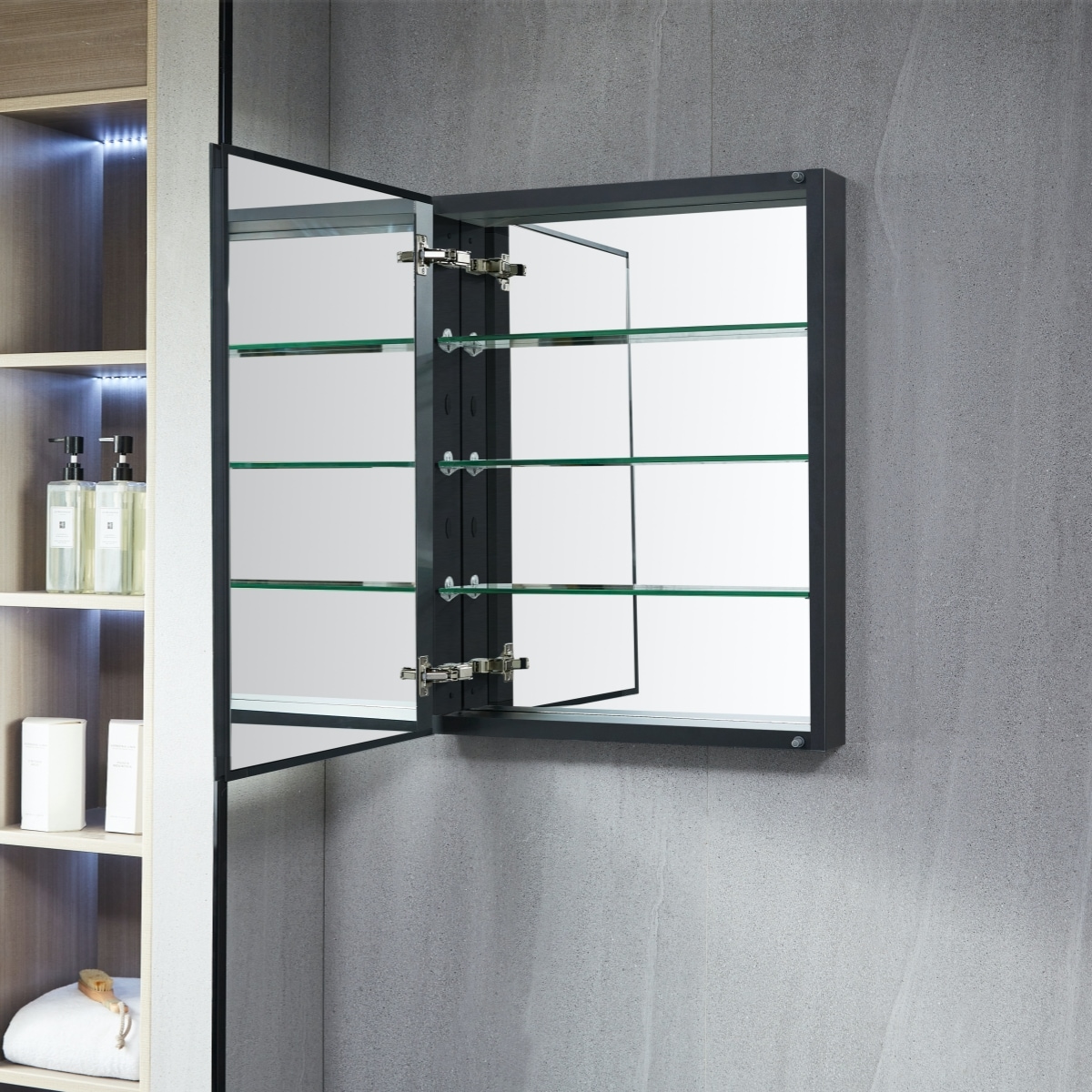 AAZJ JKF-MC3026BL KAO 30-Inches x 26-Inches Surface/Recessed Mount Black Mirrored Rectangle Soft Close Medicine Cabinet