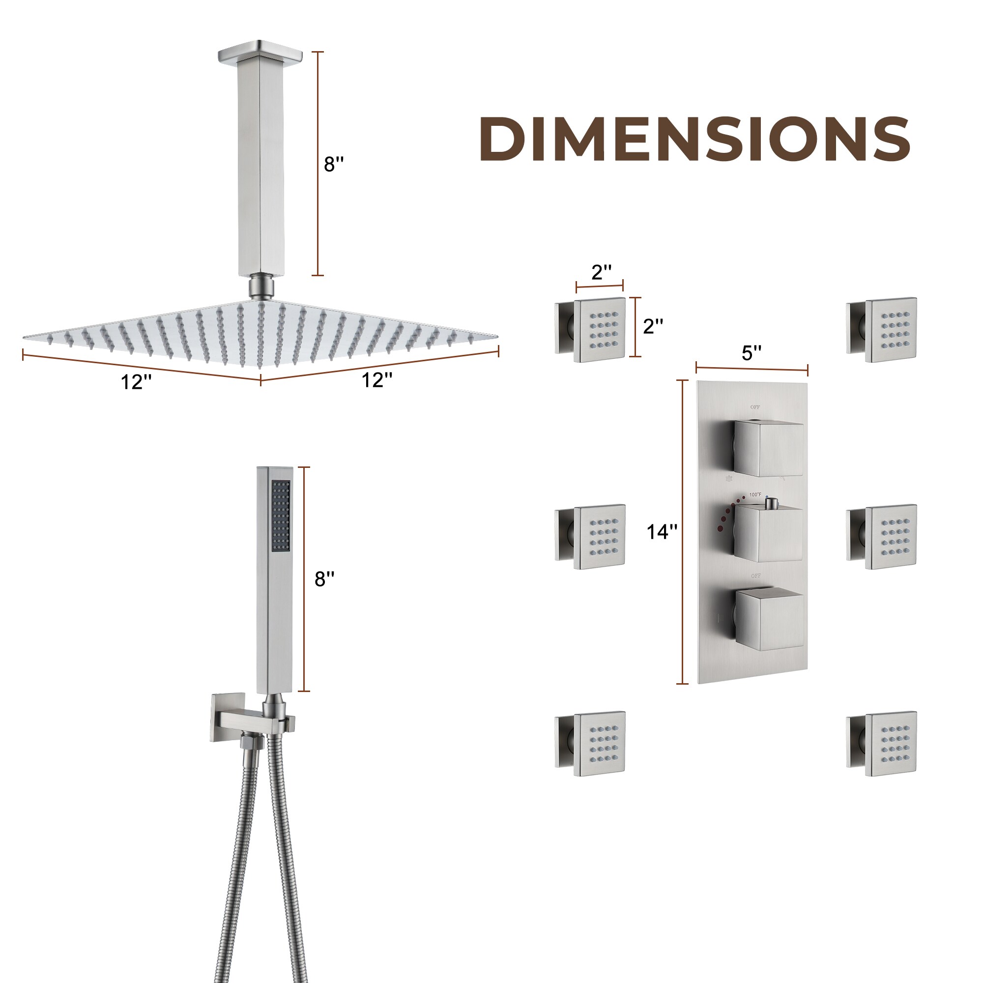 Brushed Nickel Ceiling Mounted Dual Shower System with Body Jets