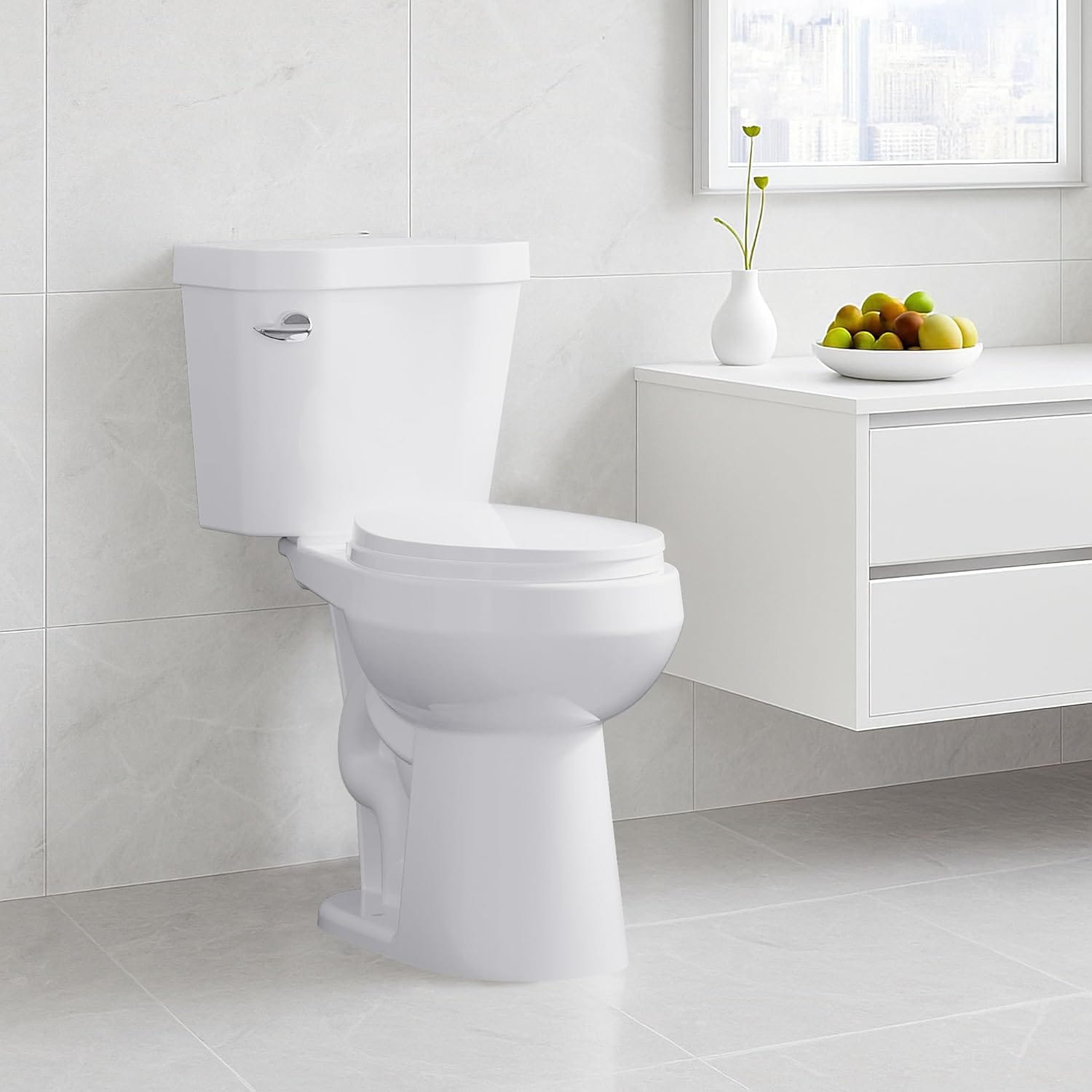Qeetex DHZ-PHO-143UFMFC Two Piece Toilets Round 19 inch ADA Comfort Height Toilet for Bathroom 1.28 GPF Powerful Flush 12 Inch Rough In