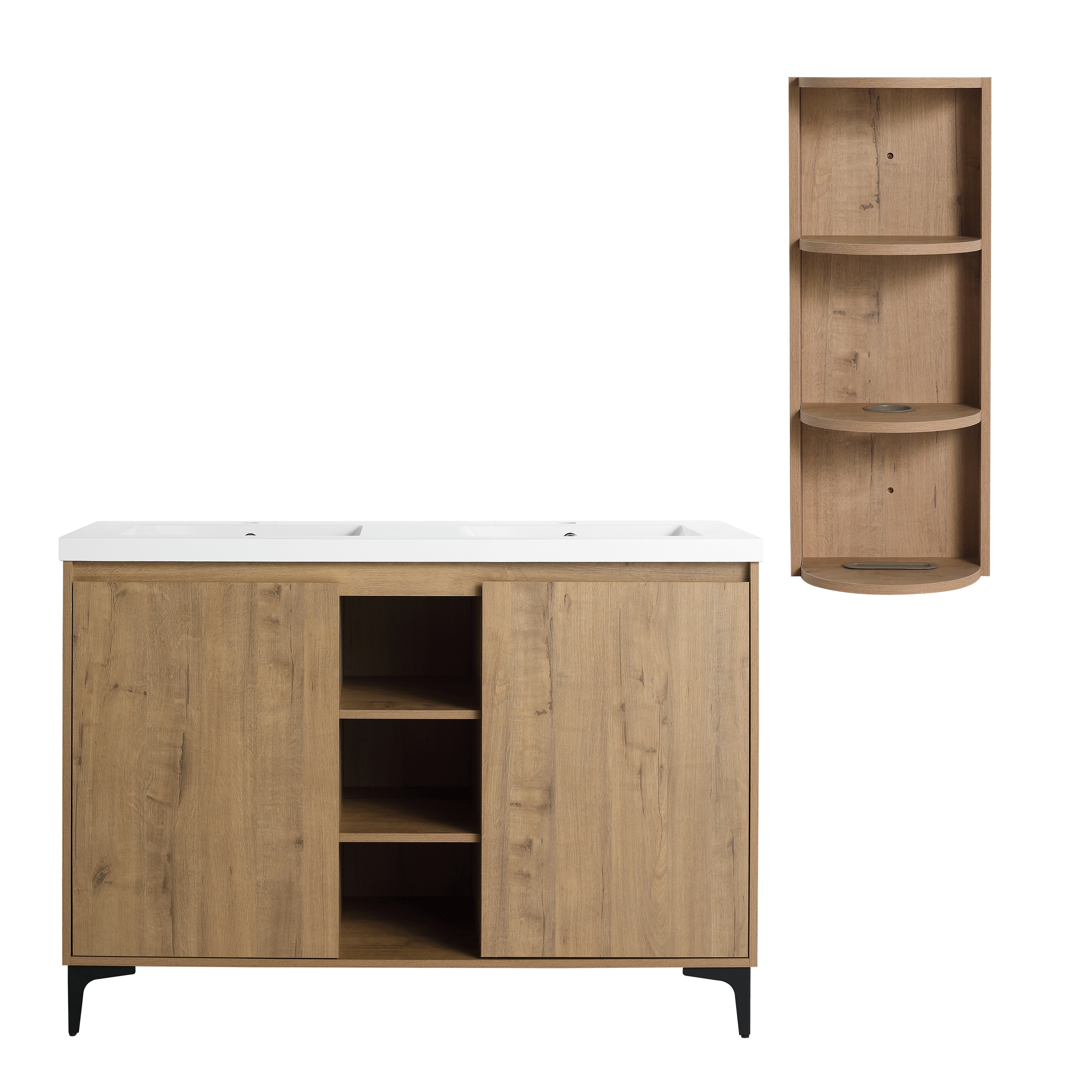 WELLFOR GLEM-00059 60-in White and Oak Double Sink Bathroom Vanity with White Ceramic Top