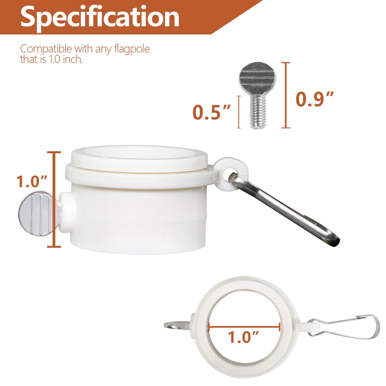 White 1-Inch Diameter Tangle-Free Flagpole Ring with Metal Clip
