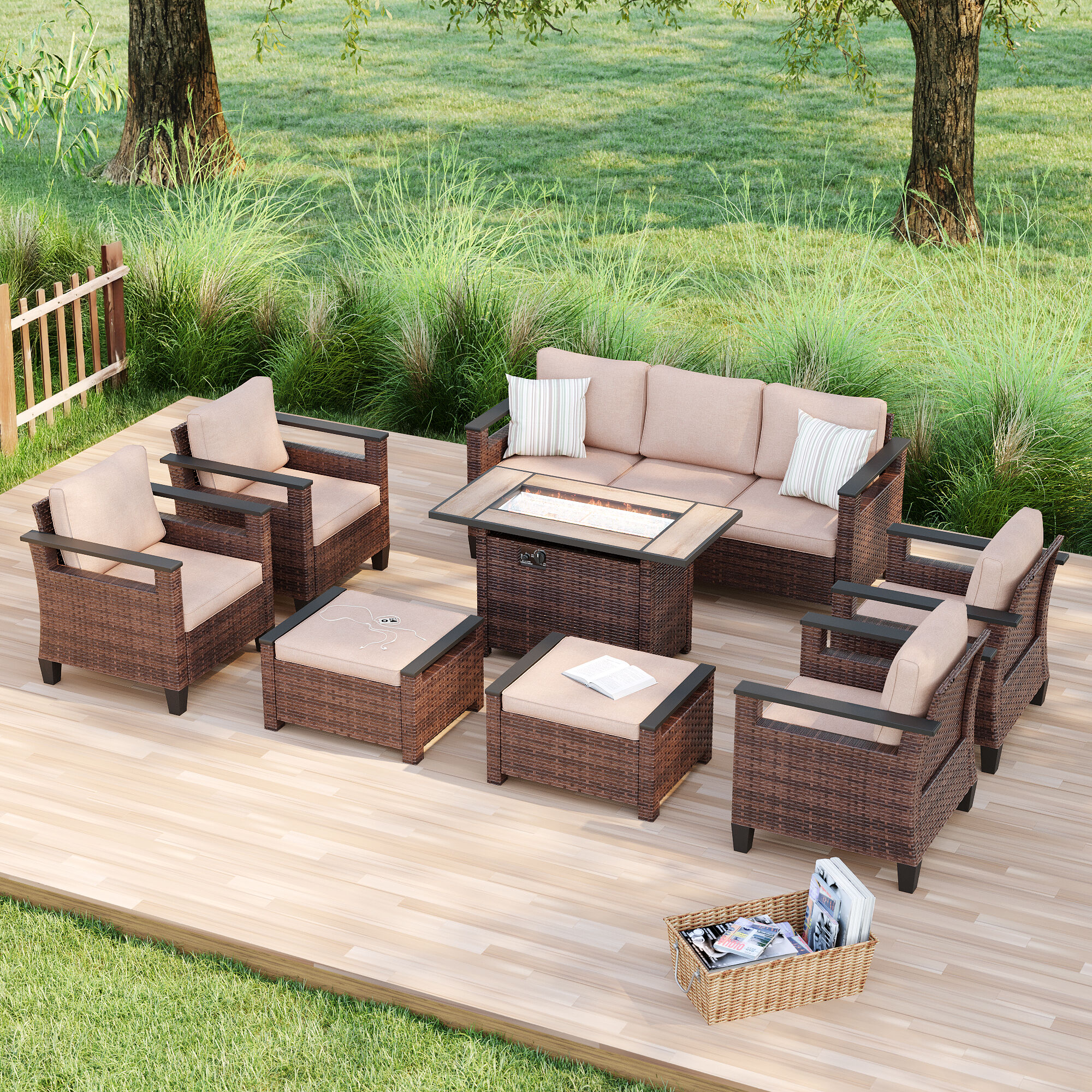 ACEGOSES LW-126BSD-S2T5 Skytop 8 -Piece Wicker Patio Sofa Conversation Set with Beige Cushions