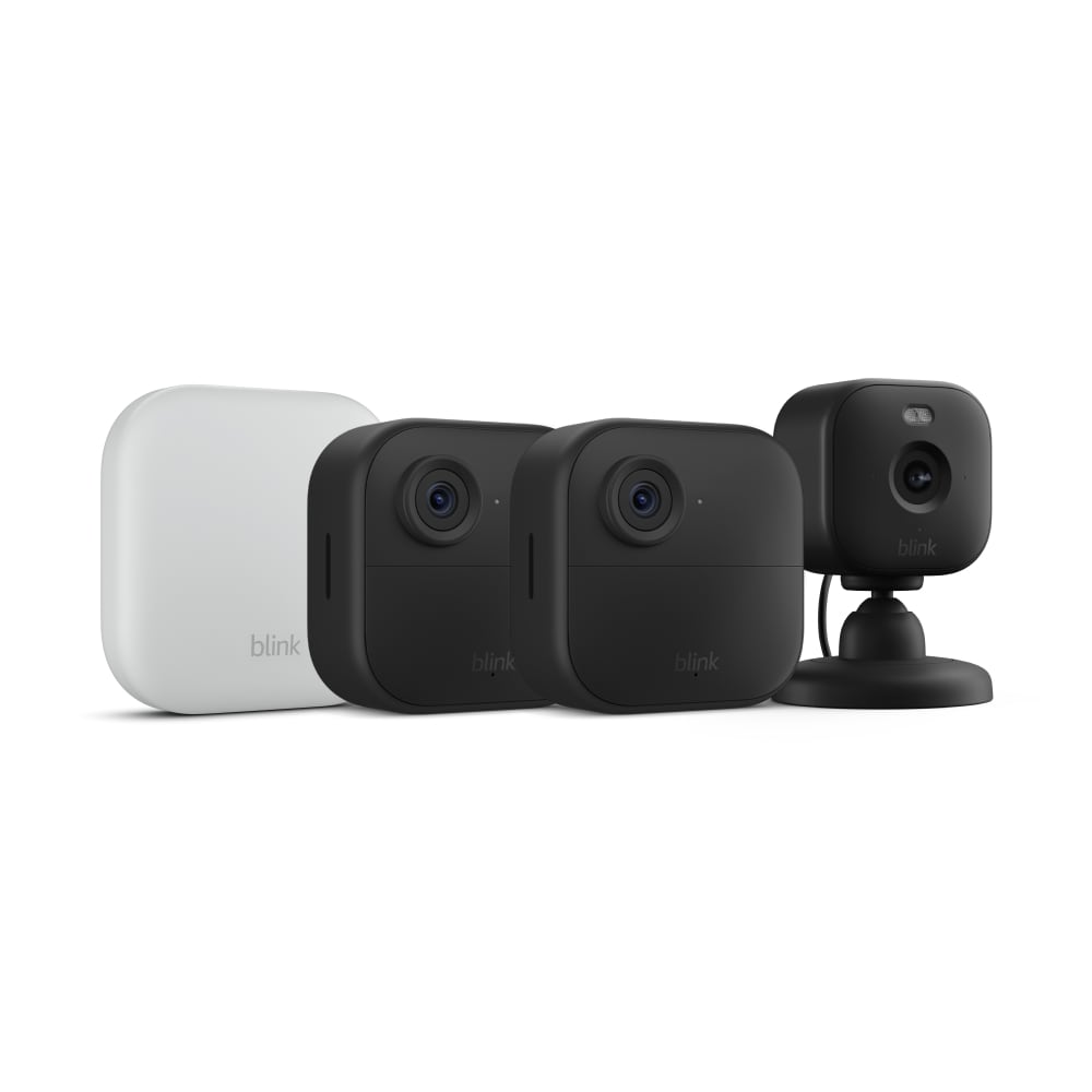 Blink  Outdoor 4 XR - Wireless Smart Security Camera 2-Pack + Mini 2 Plug-in Smart Security Camera, Black Bundle (Sync Module Core Included)