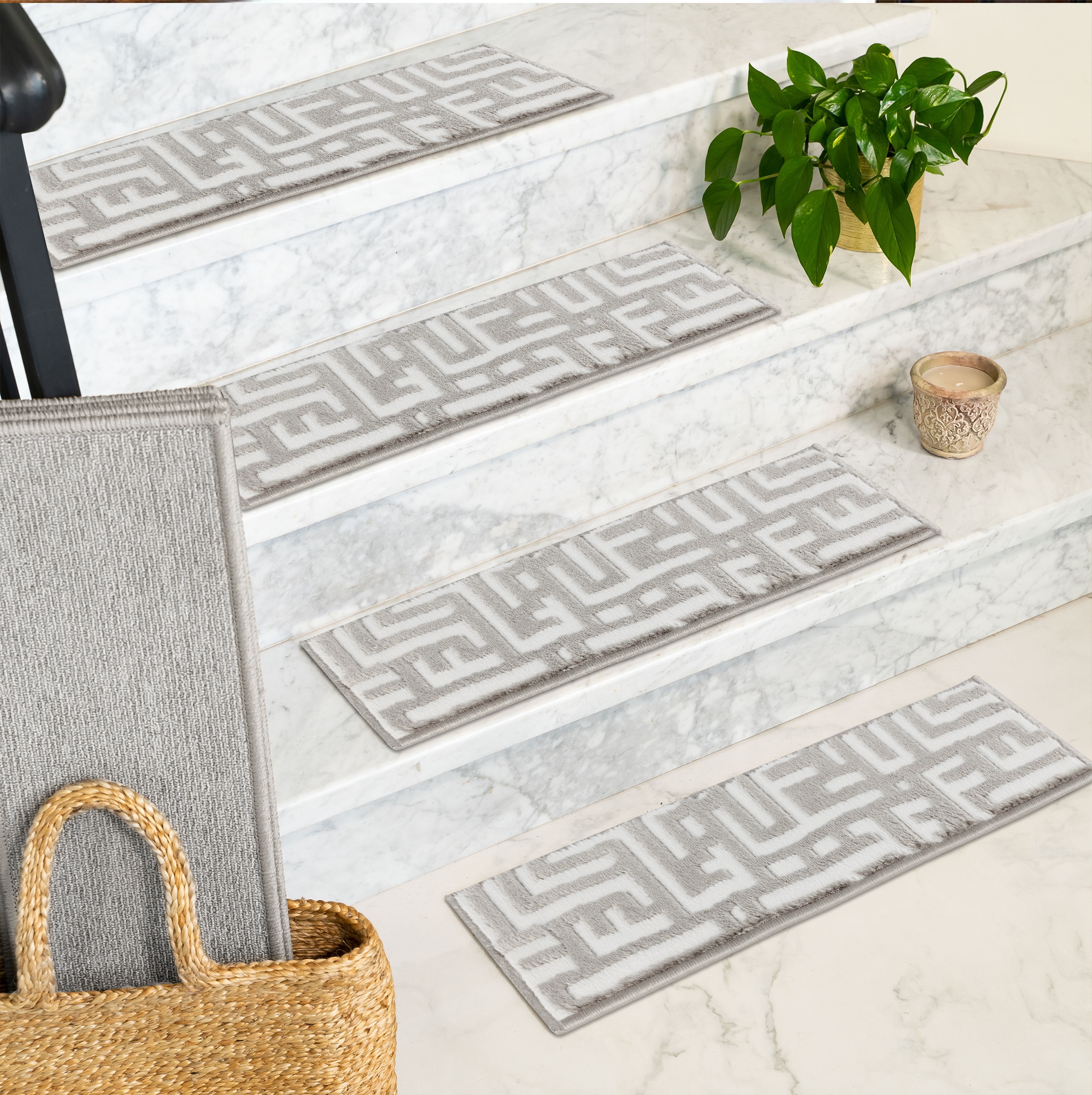 Moroccan Design Stair Rug, White Stair Treads Carpet, Non-slip