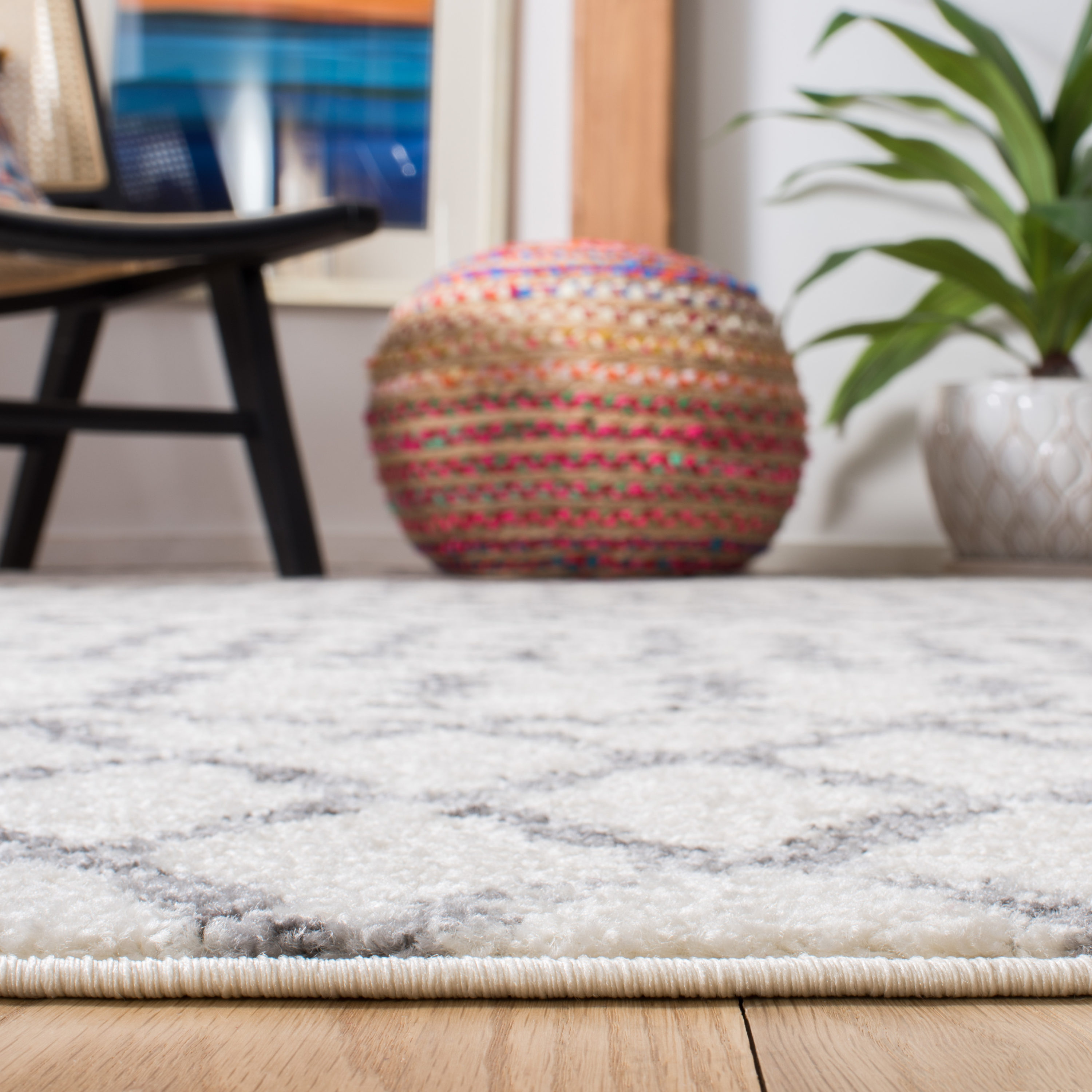 Ivory and Grey Hand-Knotted Synthetic Rectangular Area Rug