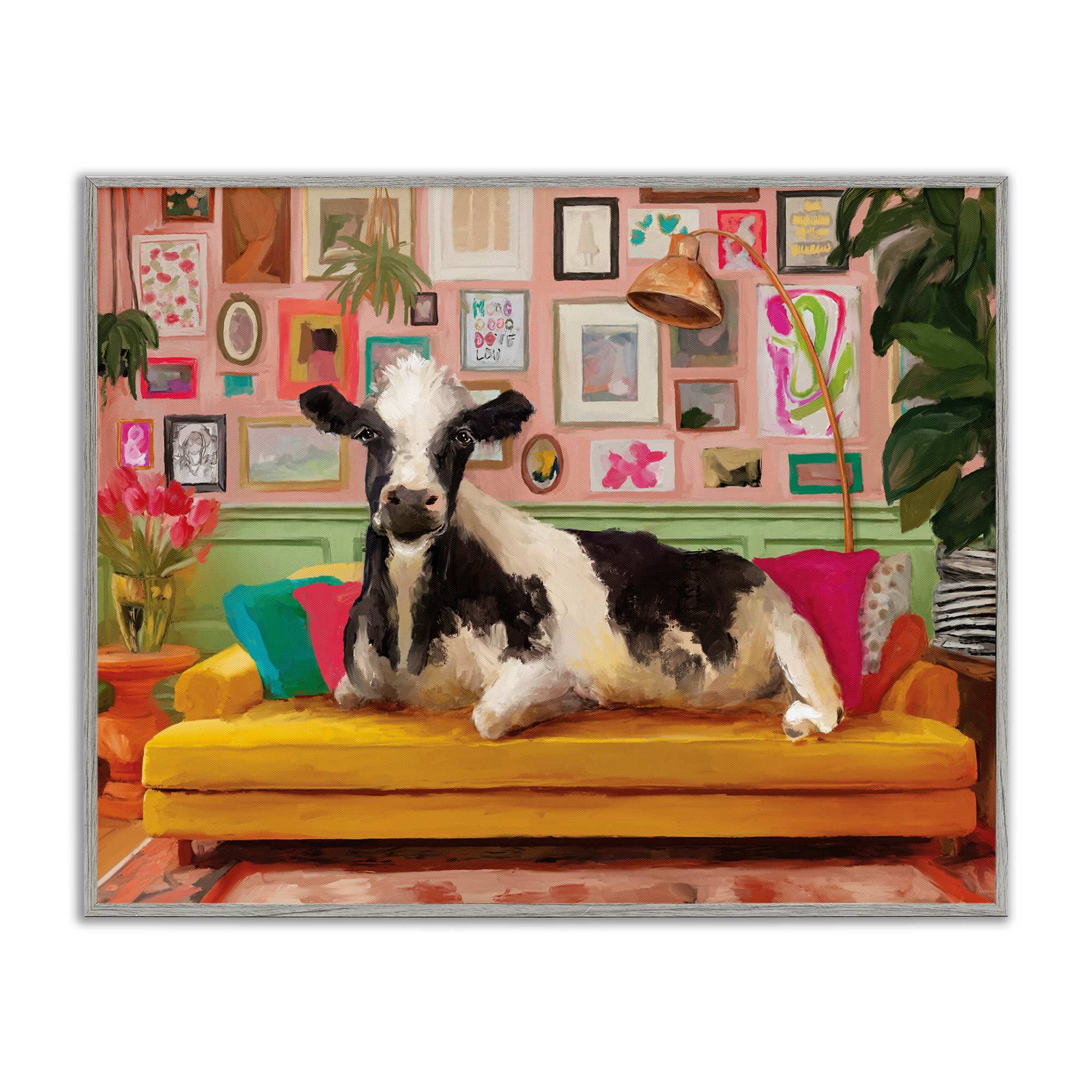 Stupell Industries BS-741-GFF-11X14 Cow in Whimsical Maximalist House Gray Framed Giclee Art By Kamdon Kreations 14 x 11