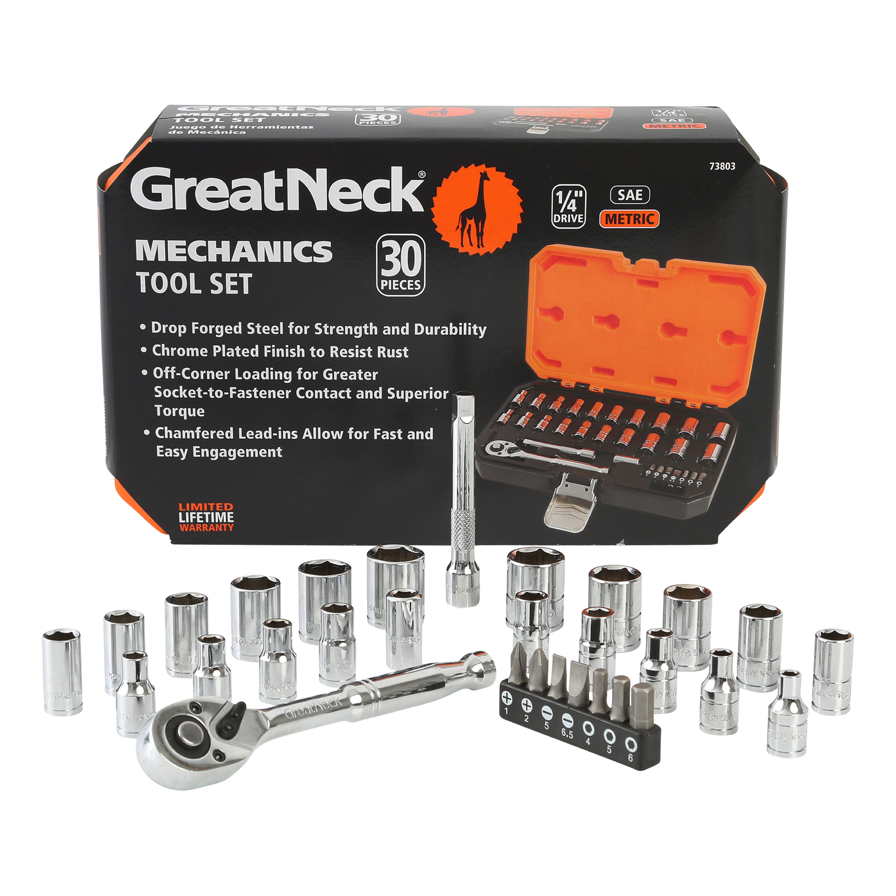 GreatNeck 73803 Chrome Vanadium Steel for Strength and Duribility Socket storage 1/4" Drive Mechanics Tool Set - 30 Piece