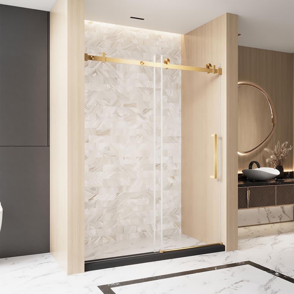 JUJABU ZJSHOWER-9 Brushed Gold 60inx 74in 6mm Frameless Double Sliding Shower Door Tempered Glass Explosion Proof Film