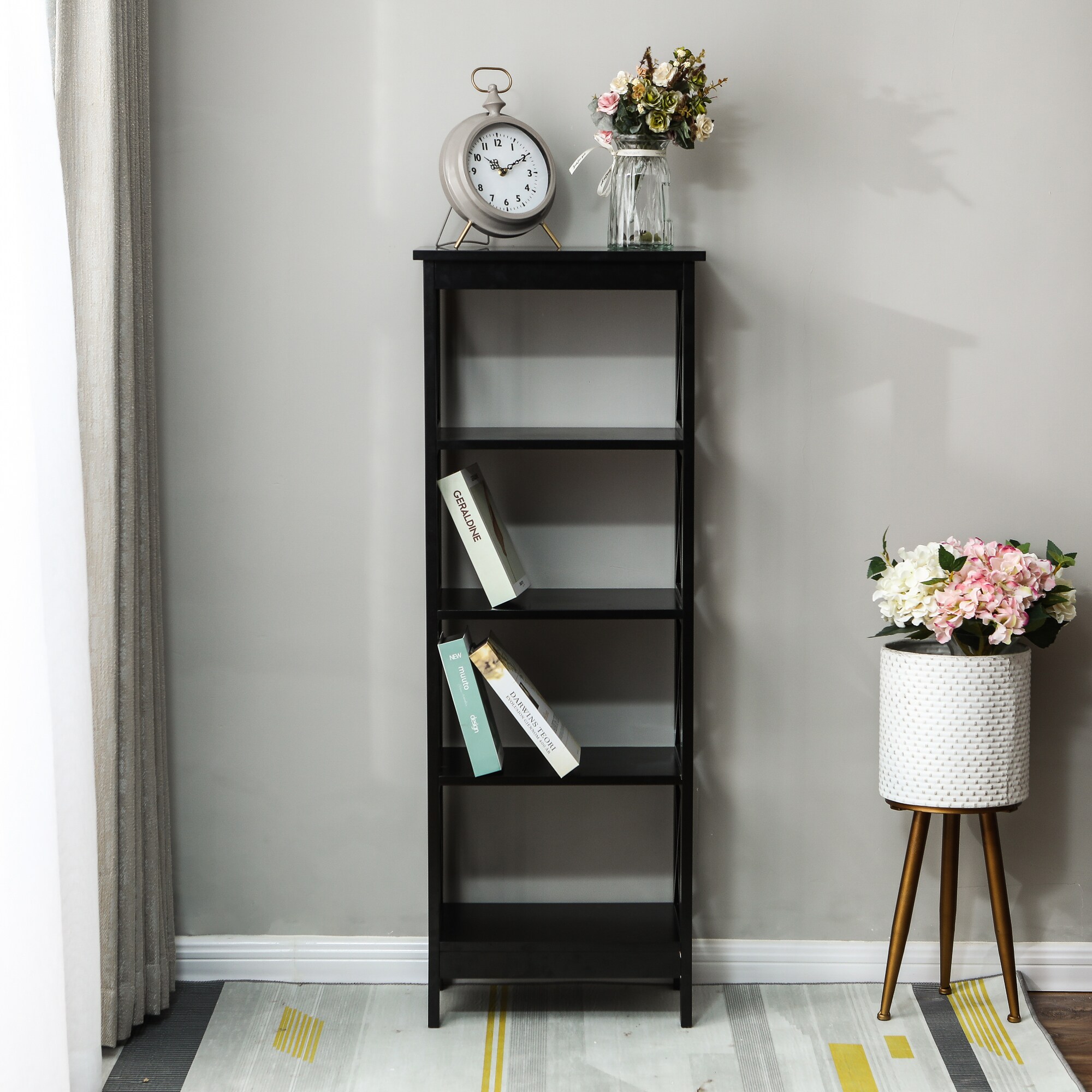 LuxenHome WHIF627 Black Wood 4-Shelf Bookcase (17.71-in W x 48.42-in H x 11.81-in D)