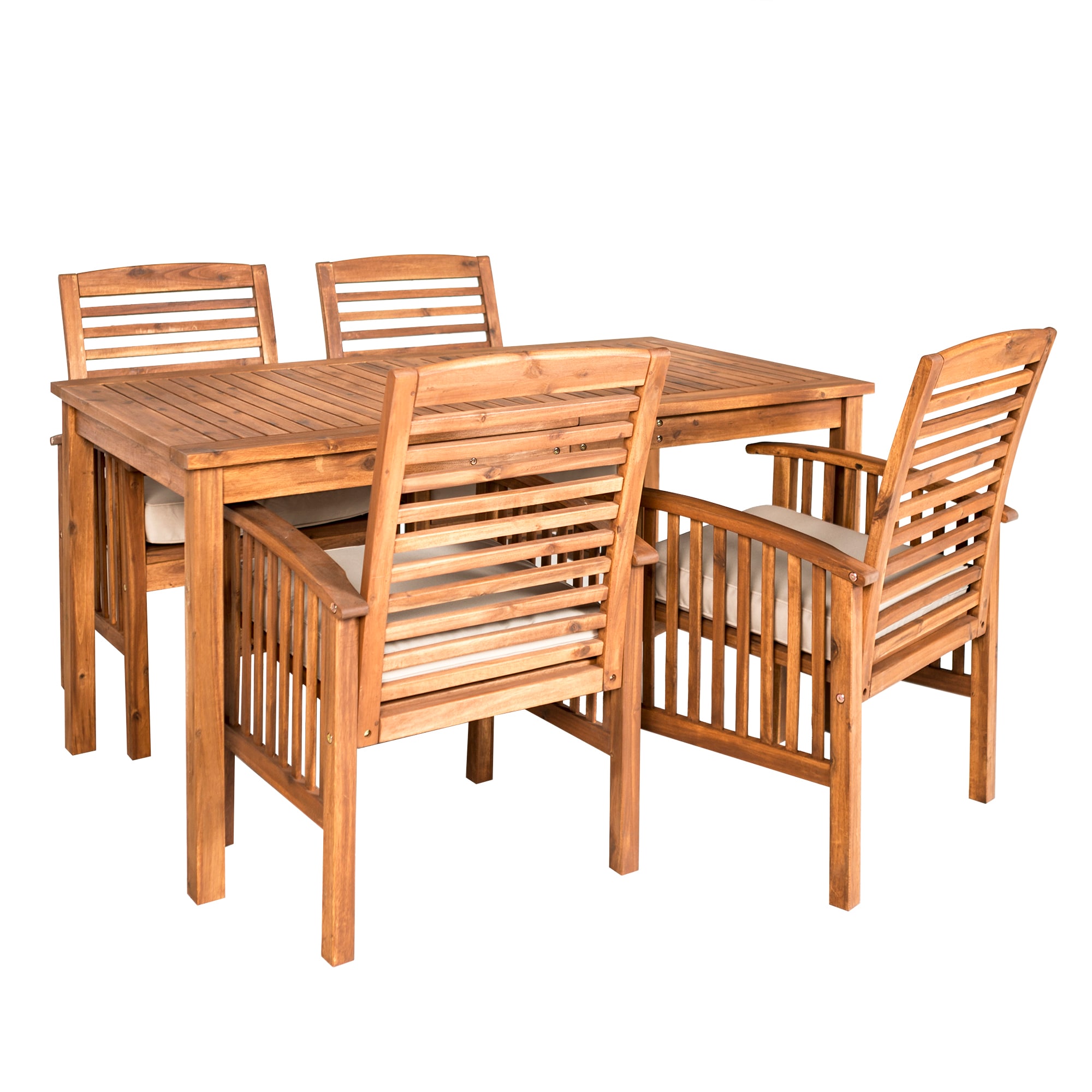Walker Edison LWW5SDTBR 5 -Piece Brown Patio Dining Set Wood Rectangle Table with 4 Tan Cushions Stationary Chairs