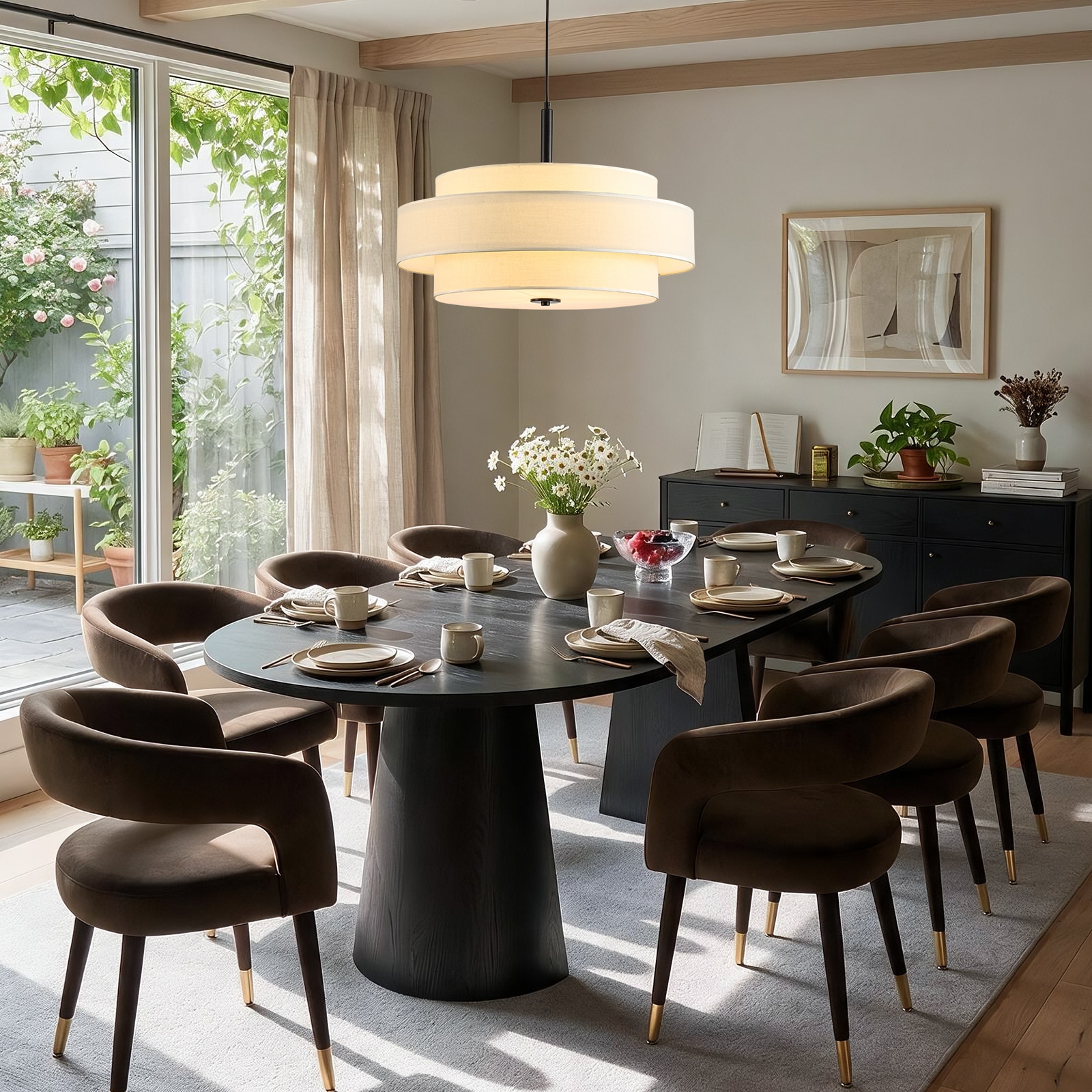 Wonderindoor 3-Light 3-Tier Drum Fabric Shade Chandelier in Black