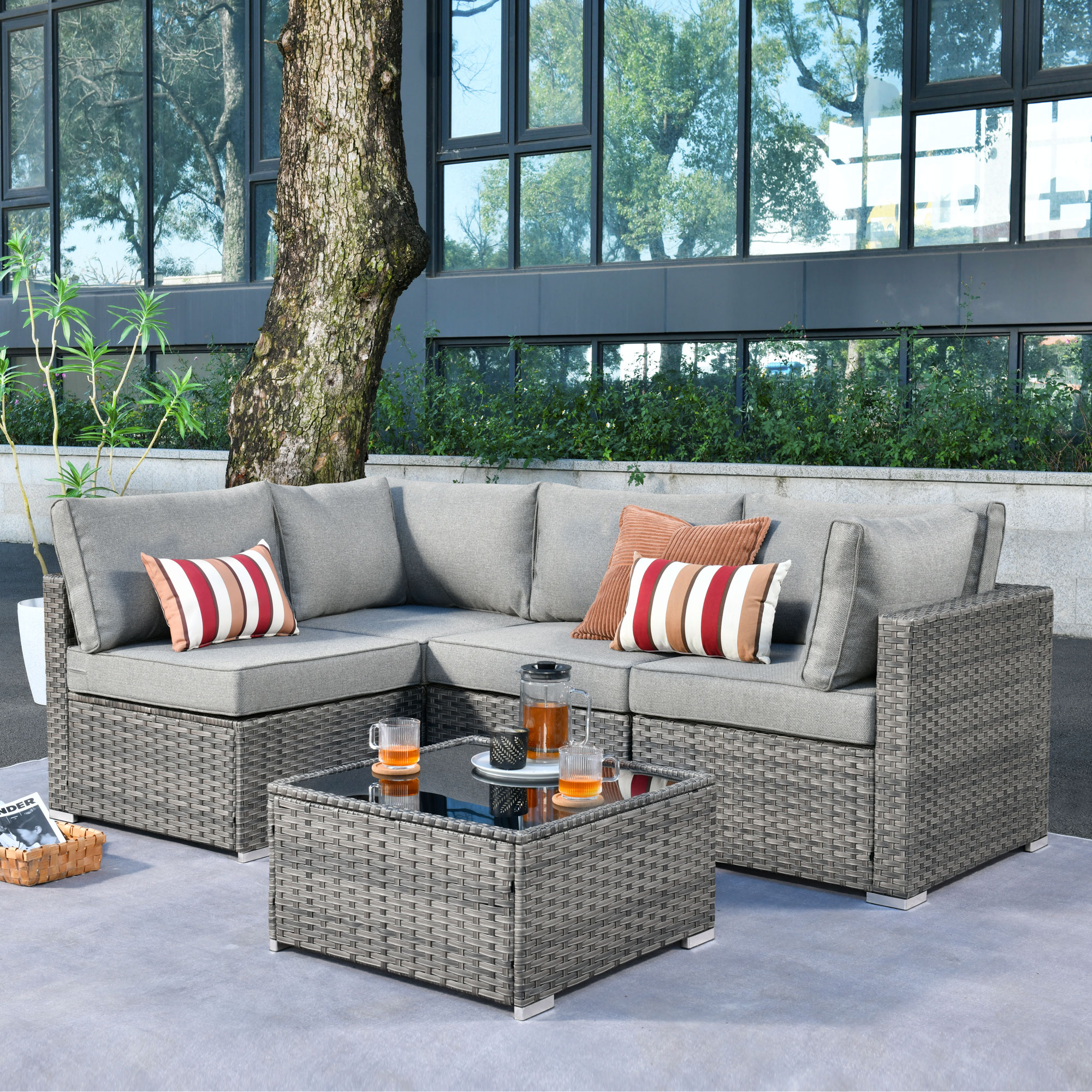 Pouuin 5-Piece Rattan Patio Conversation Set with Gray Cushions in 