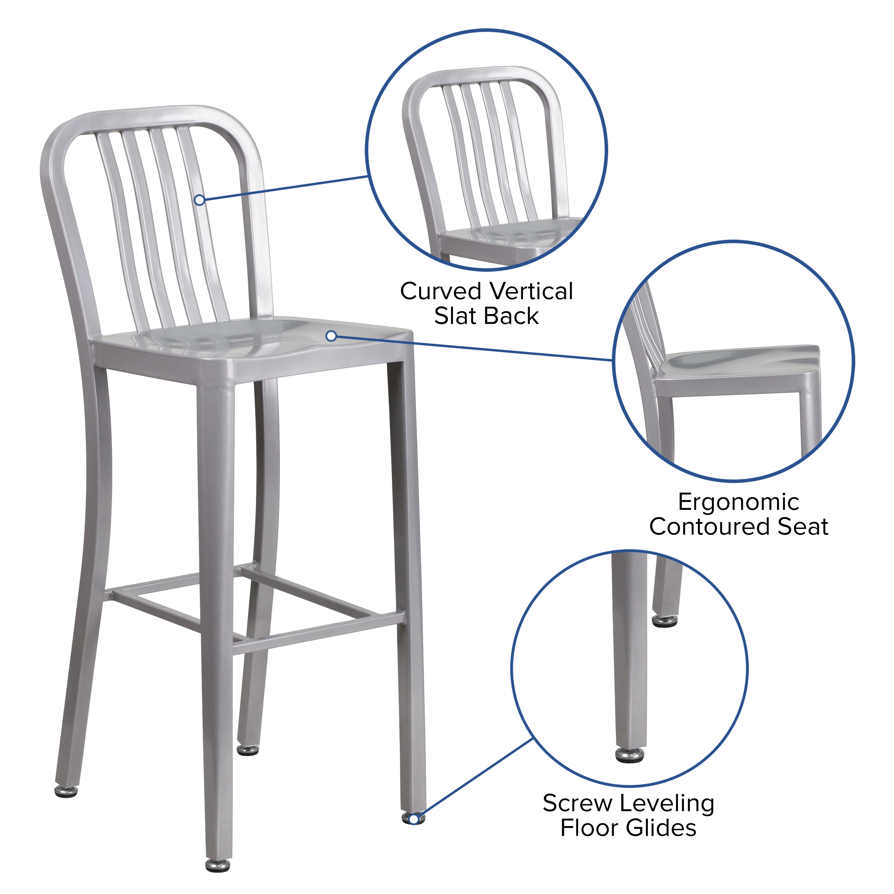 Silver Metal 30" High Indoor-Outdoor Barstool with Slat Back