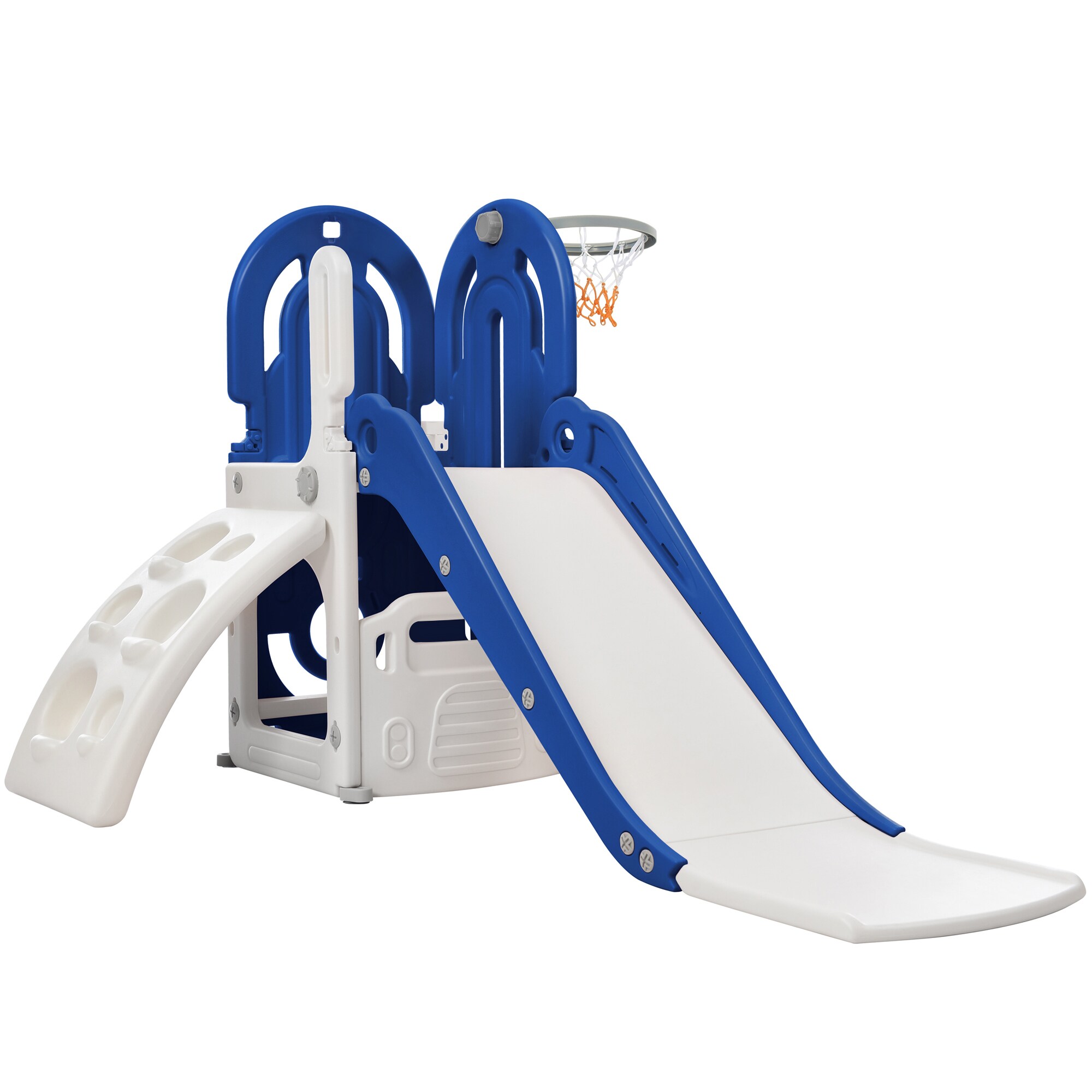 Blue 4 in 1 Kids Playground Climber Freestanding Slide Playset with Basketball Hoop, Climber and Slide | - Maocao Hoom FZ13AAC