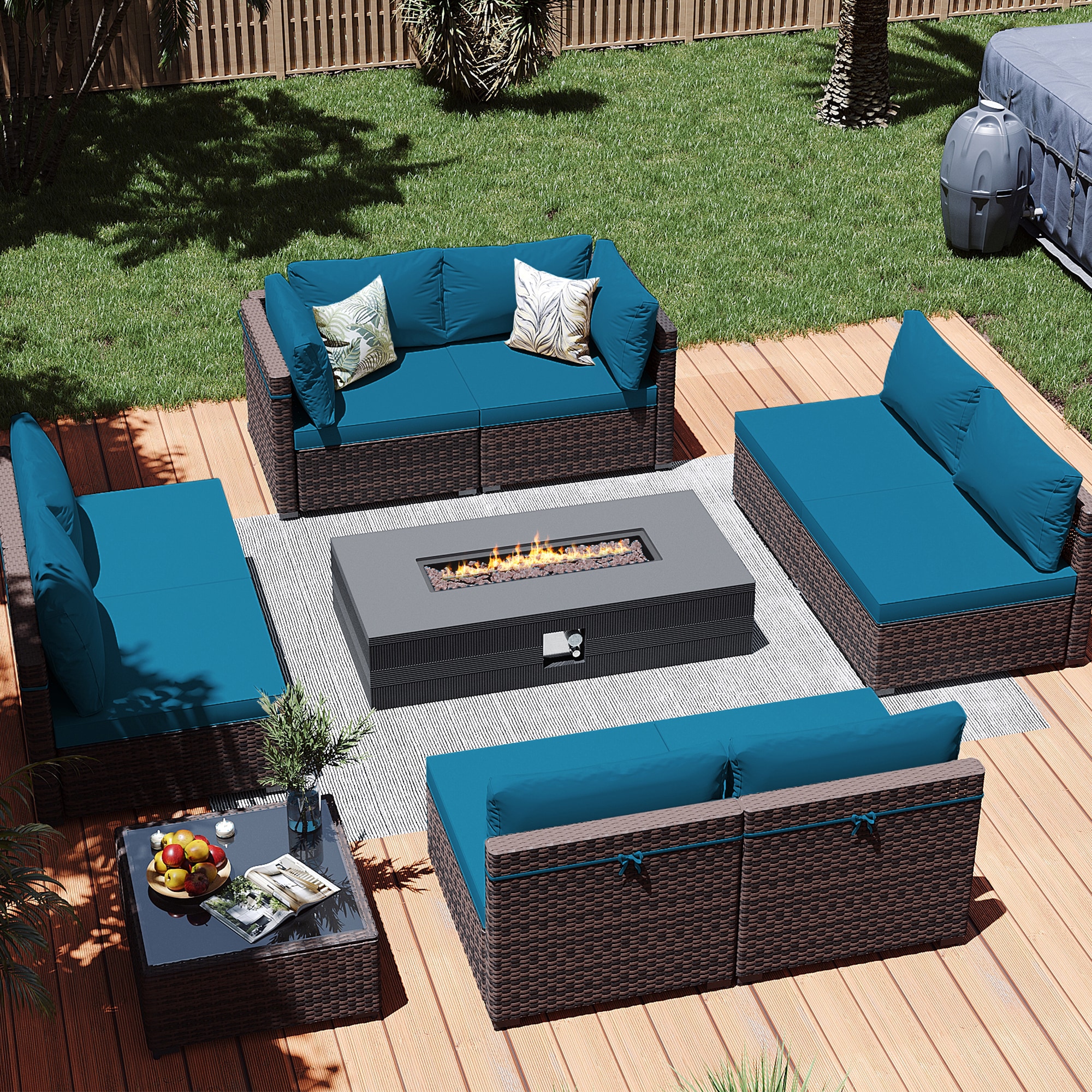 Patio Watcher LS-RT9-56MDK-B5 10 -Piece Rattan Patio Conversation Set with Blue Cushions