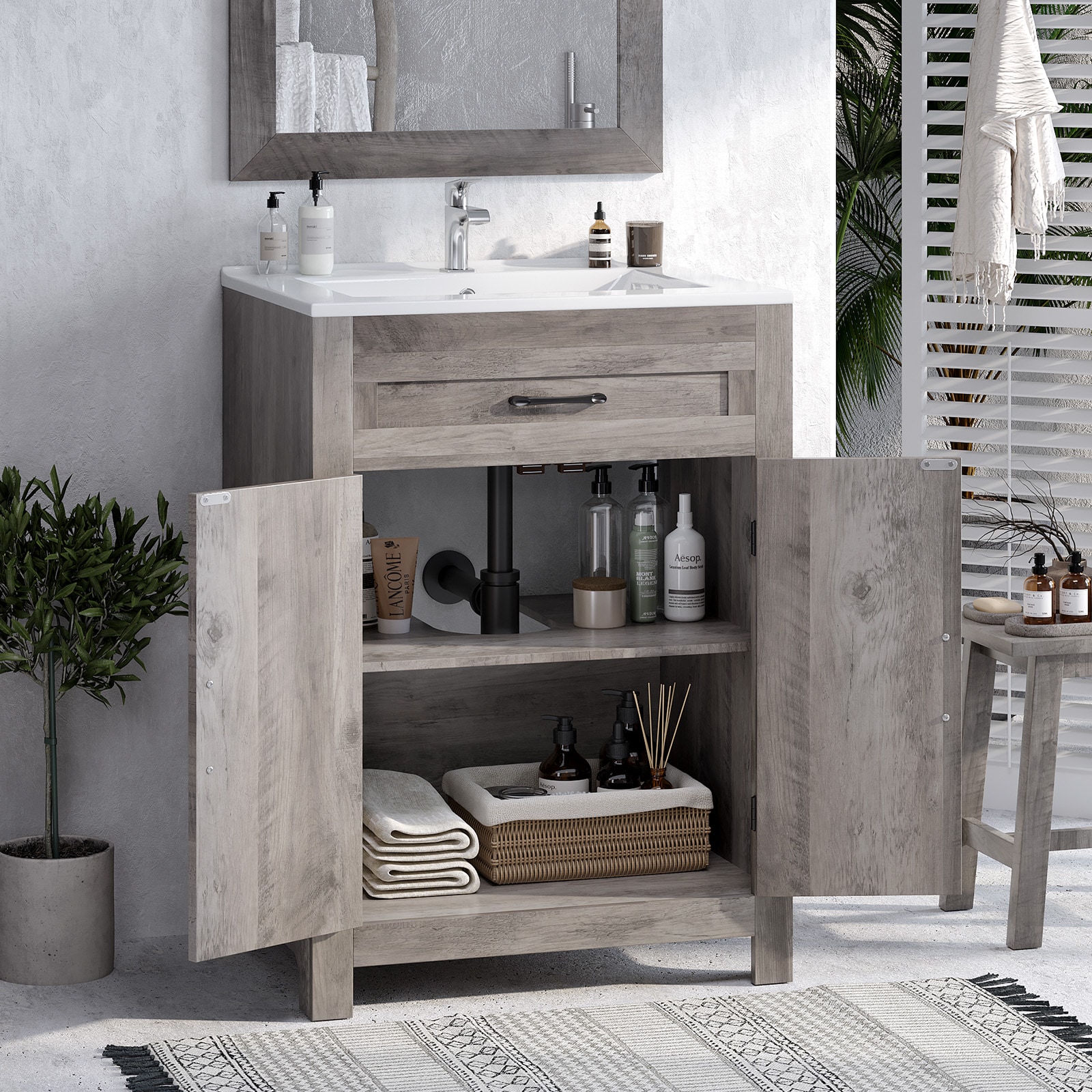 VINGLI 24 inch Bathroom Vanity with Ceramic Sink Wash-Grey Barn