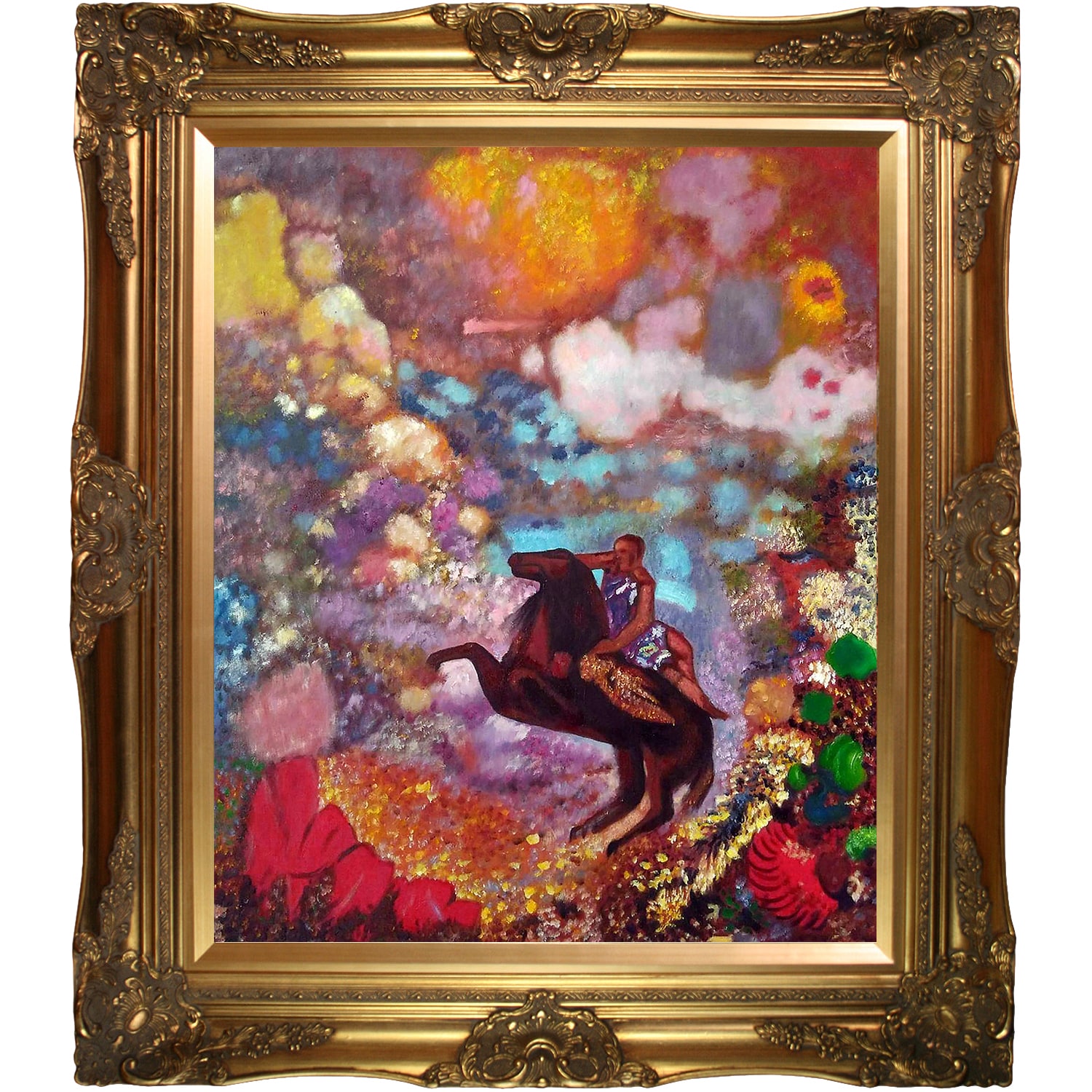 La Pastiche 688576562391 Muse on Pegasus, 1900 Odilon Redon Gold Wood Framed 28-Inches H x 32-Inches W People Canvas Hand-Painted Painting
