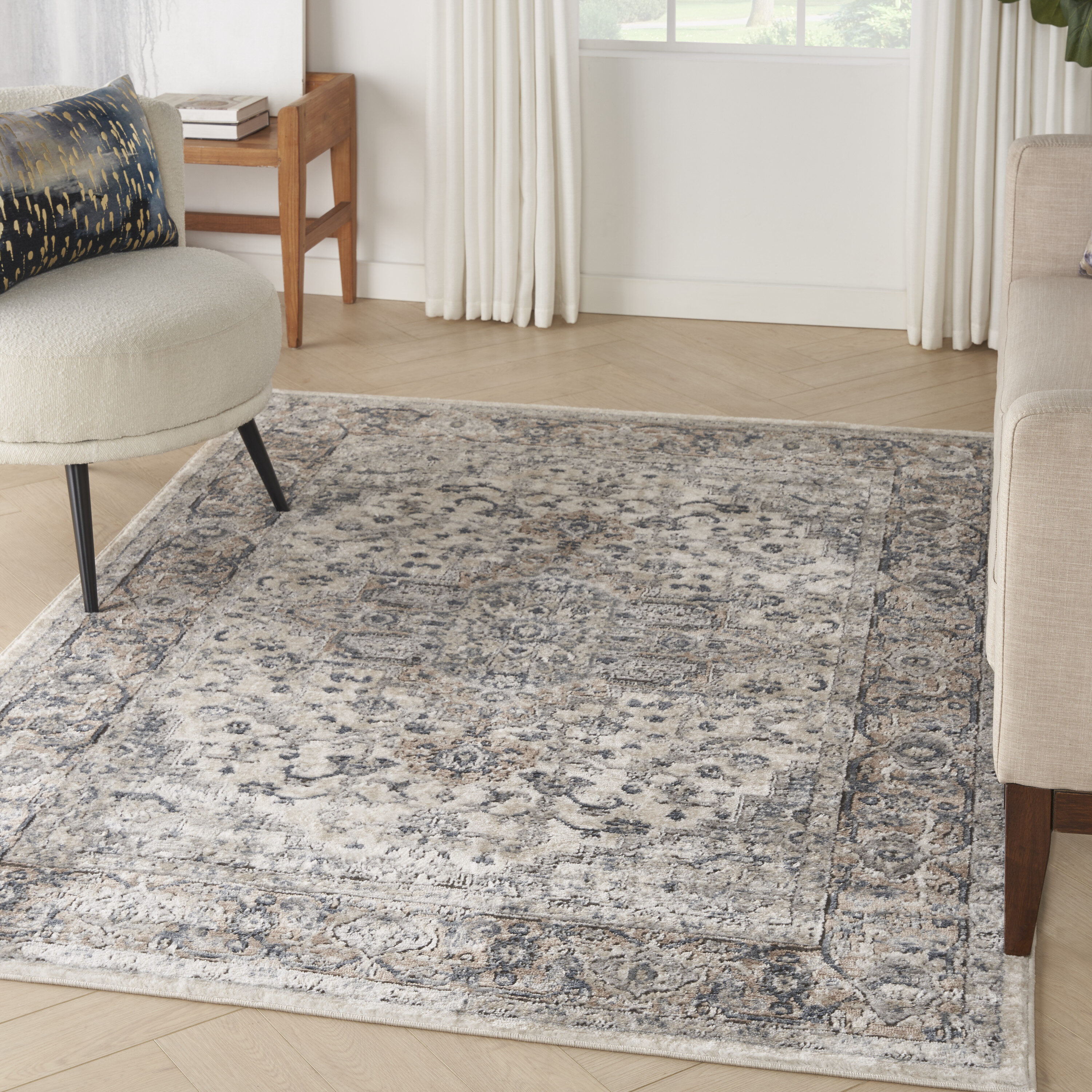 Nourison 099446749314 Concerto 5 x 7 (ft) Loomed Polypropylene Ivory/Grey Rectangular Indoor Medallion Area rug