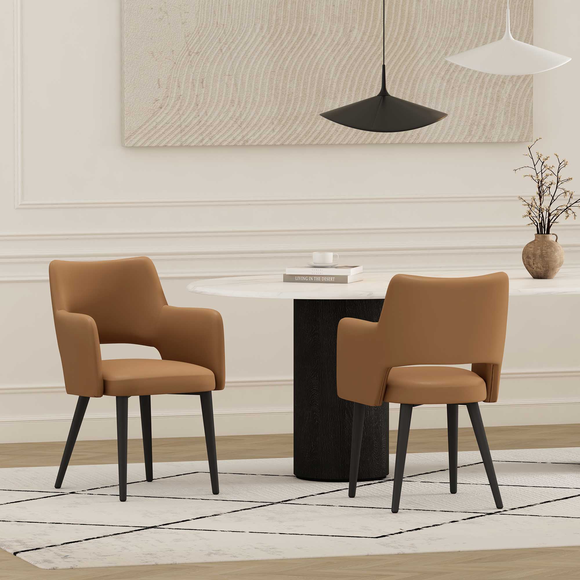 Manhattan Comfort 2-DC104AR-SD Tremont Modern Leatherette Dining Arm Chair with Metal Legs in Saddle - Set of 2