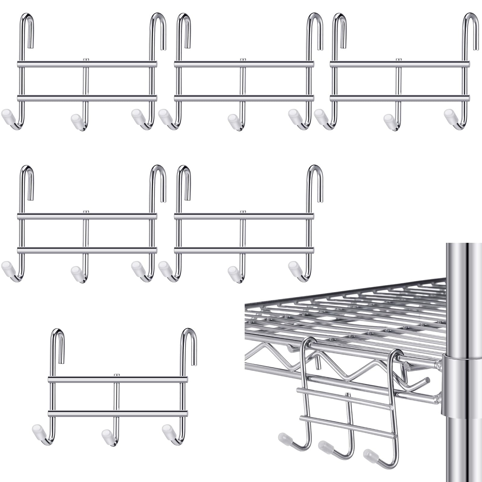 Etokfoks  6 pack chrome steel wire shelving hook attachments with 3 hook design measuring 3 75 in long for wall mounted metal storage racks