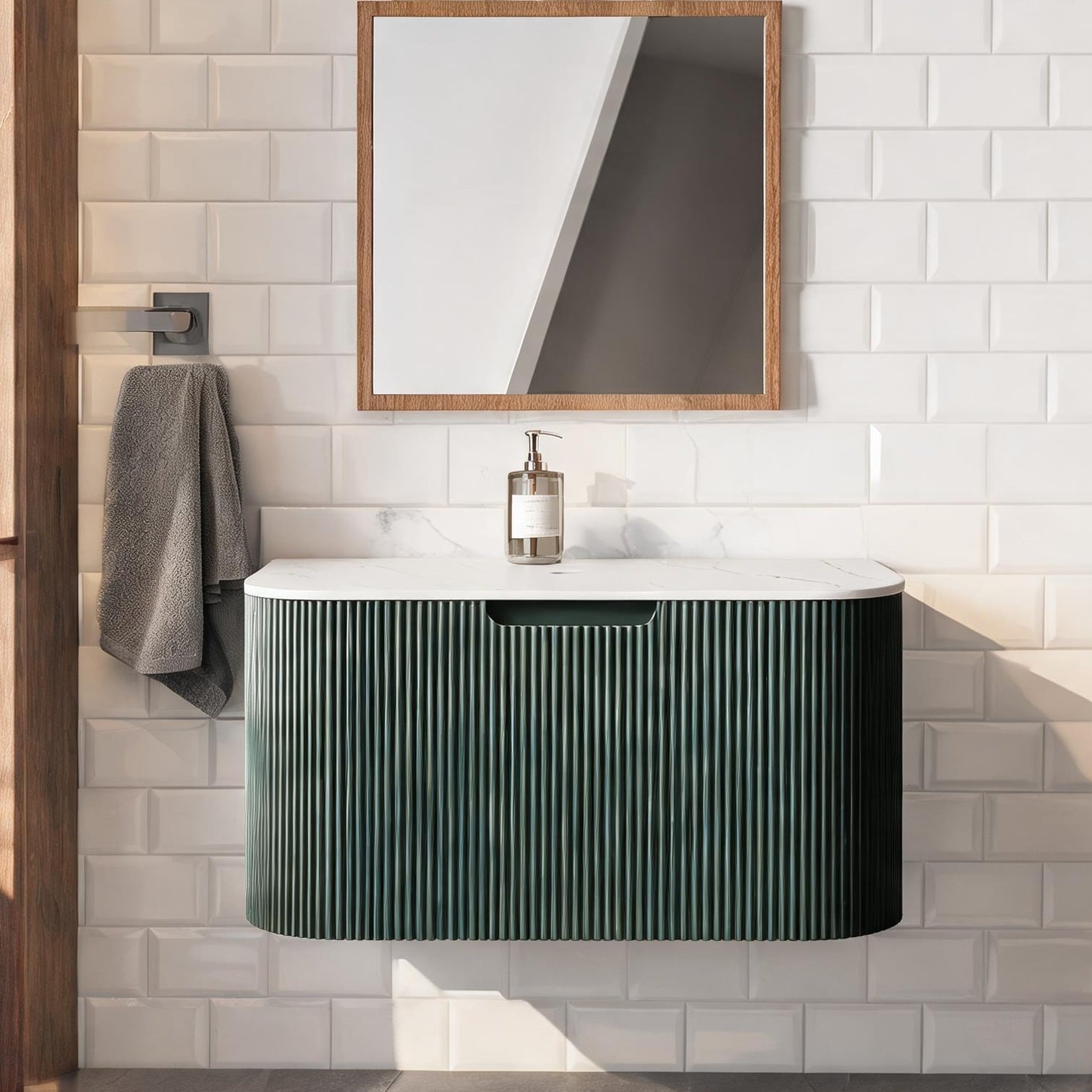 SunJet - Wall-Mounted Bathroom Vanity in Rich Green with Carrara White Sintered Stone Top Single ...