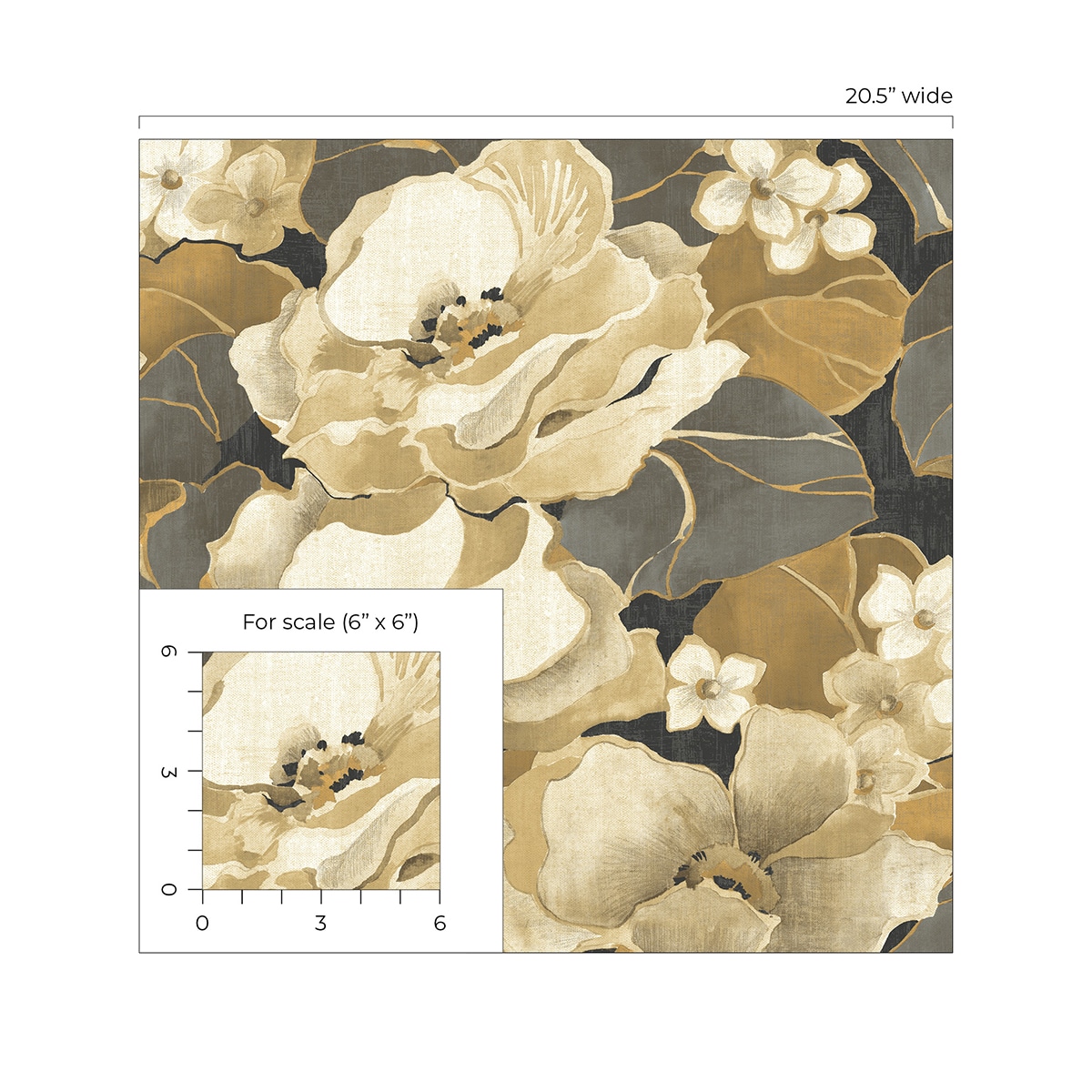 Ebony and Antique Gold Floral Peel and Stick Wallpaper