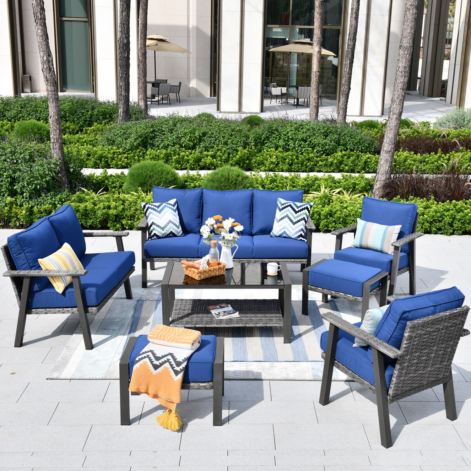 Pouuin SHW70T07 7 -Piece Rattan Patio Sofa Conversation Set with Blue Cushions