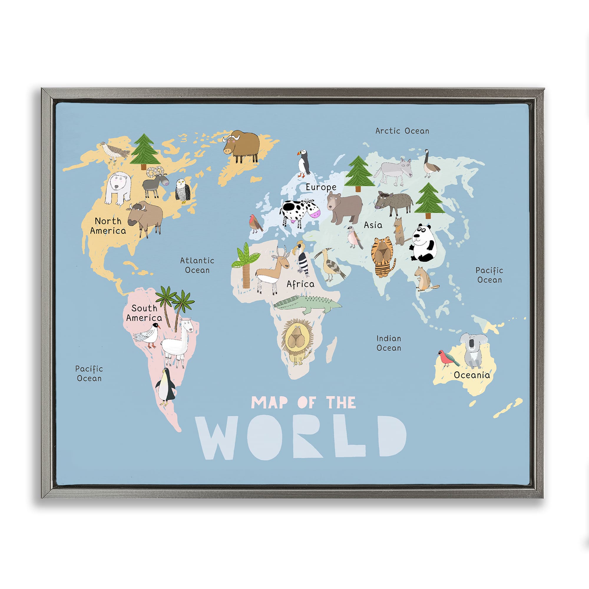 Stupell Industries Kids Map Of World Blue Gray Floating Frame Canvas Art 21 x 17