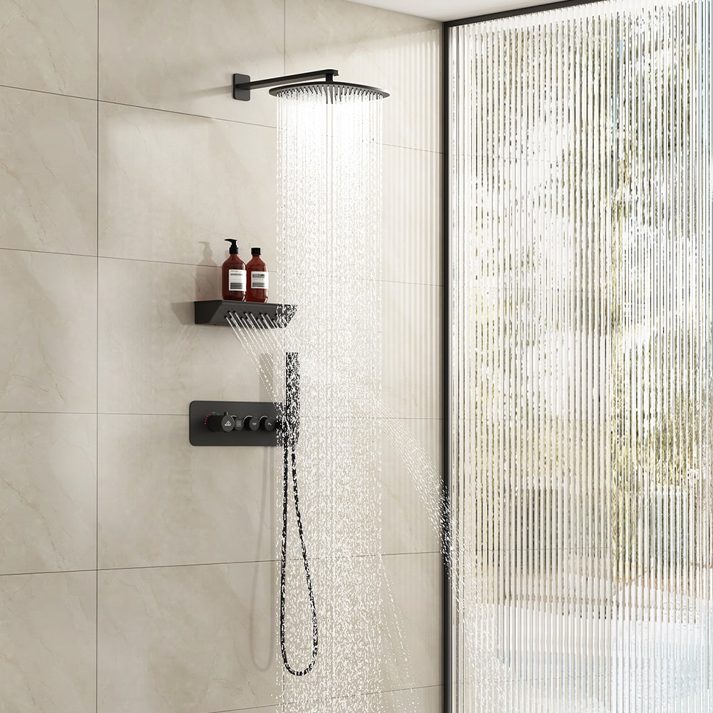 CASAINC KCHS0026-MB Shower Systems Matte Black 11.8-in Waterfall Built-In Shower Faucet System with 3-way Diverter ( Thermostatic Valve Included )