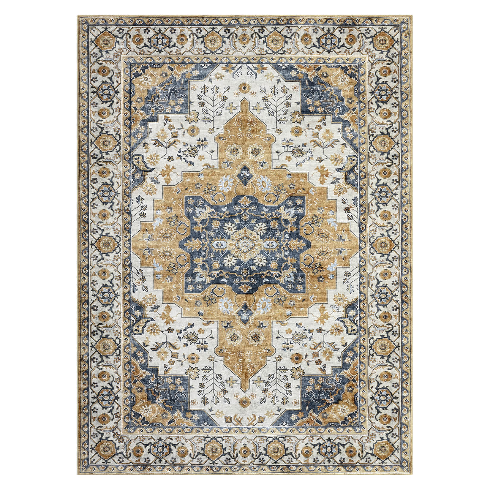 Qeetex LSN-PHO-15FBST7H 9 x 12 ft Pearl Velvet Orange Yellow Rectangular Hallway Bathroom Entryway Kitchen Office Foldable Flower Printed Persian Washable Area Rug