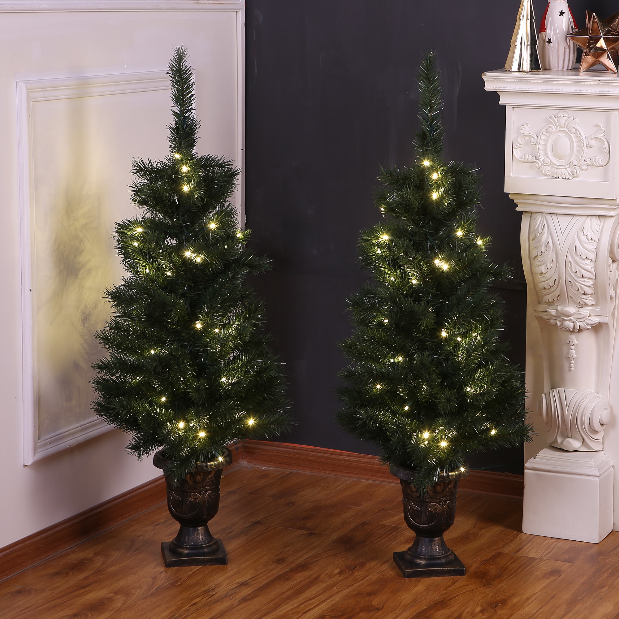 Set of 2 Pre-Lit Potted Pine Christmas Trees with LED Lights