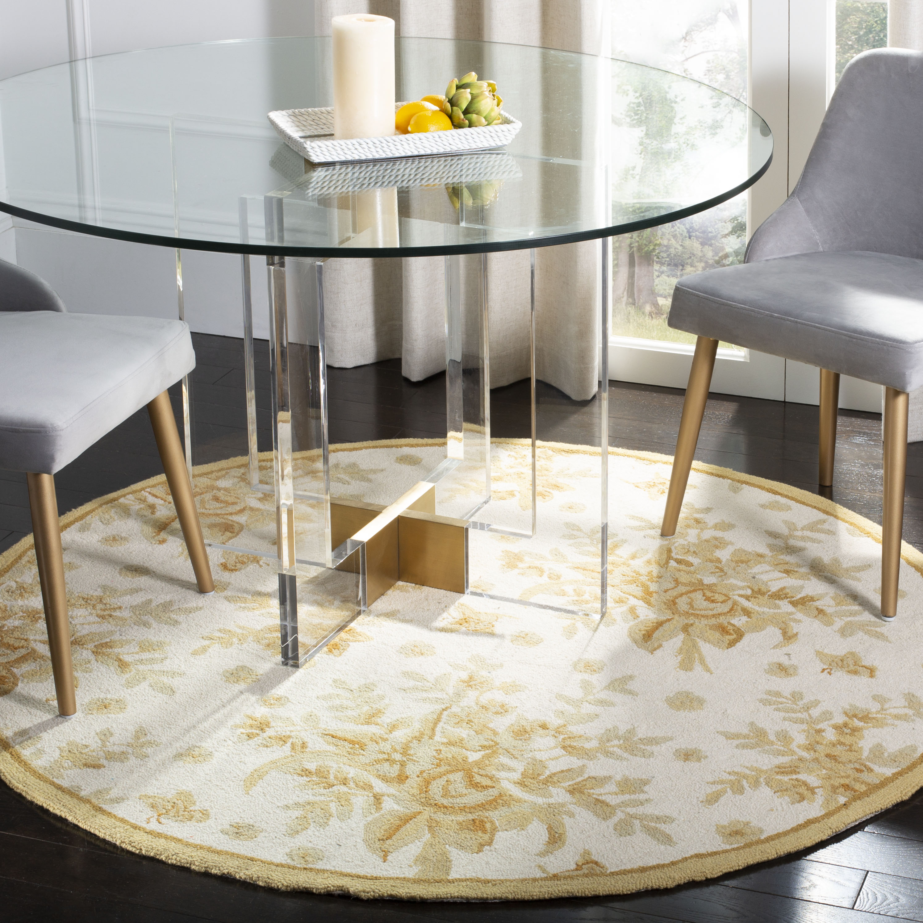 Safavieh HK250B-3R Chelsea Loire 3 x 3 (ft) Hooked Wool Ivory/Gold Round Indoor Floral/Botanical Throw rug