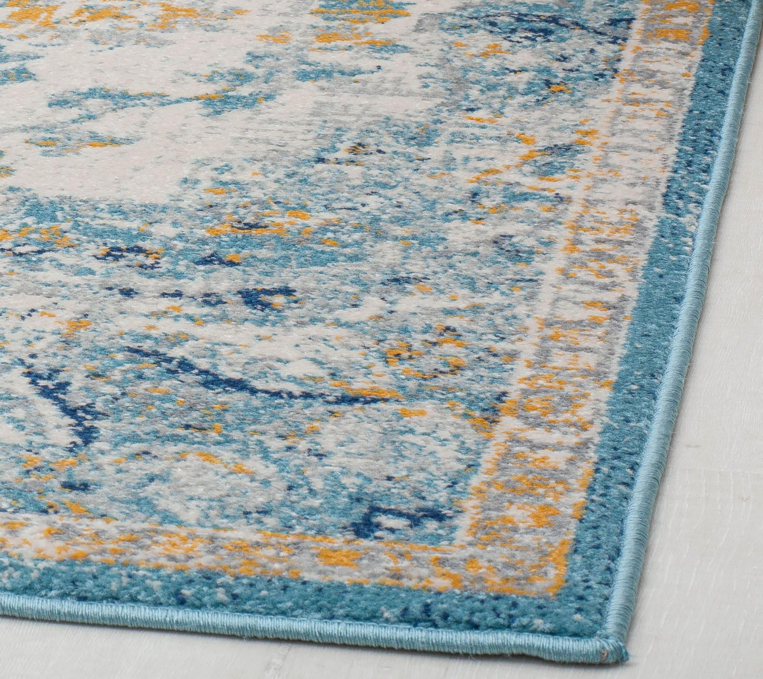 Ivory and Blue Rectangular Synthetic Vintage Area Rug, 5' x 7'