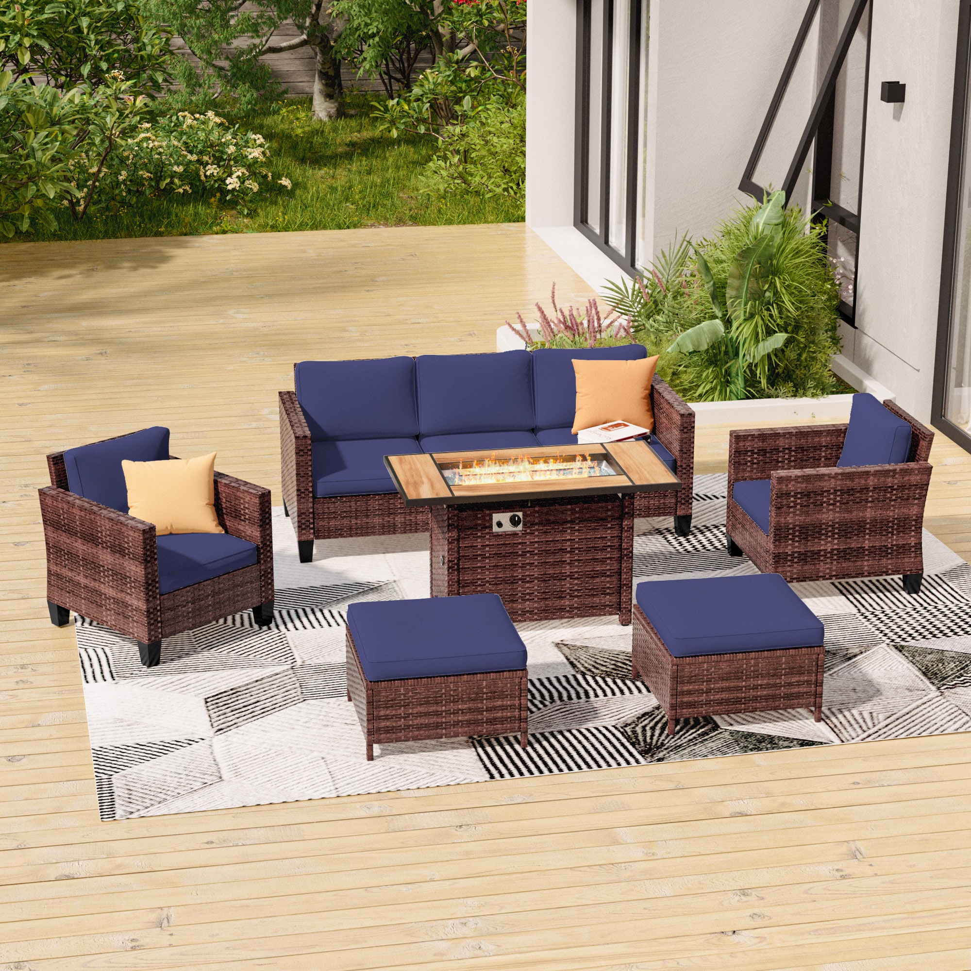 ACEGOSES LW-115BNY-T5 Skytop 6 -Piece Wicker Patio Sofa Conversation Set with Blue Cushions