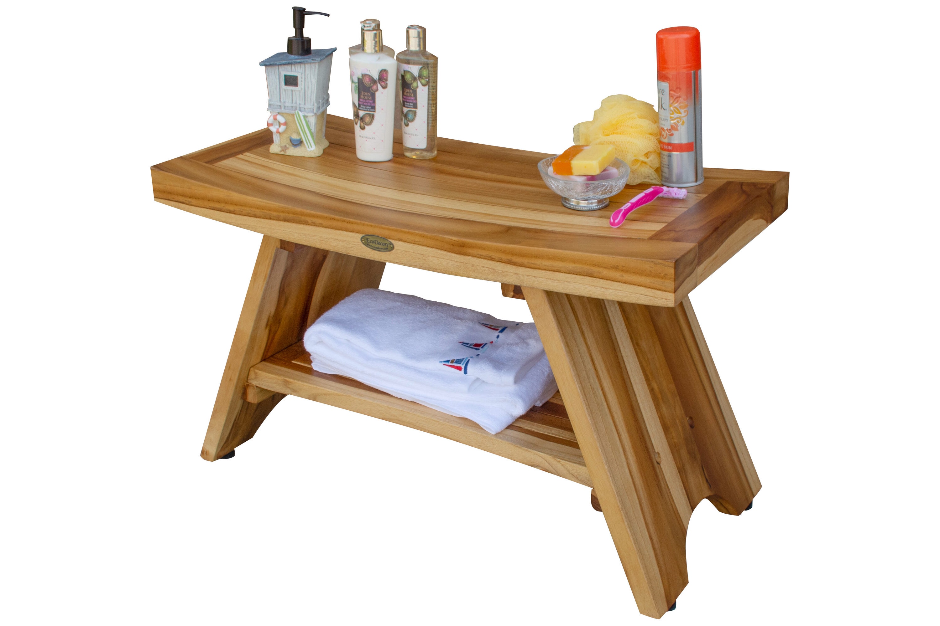 30" Earthy Teak Wood Shower Bench with Shelf