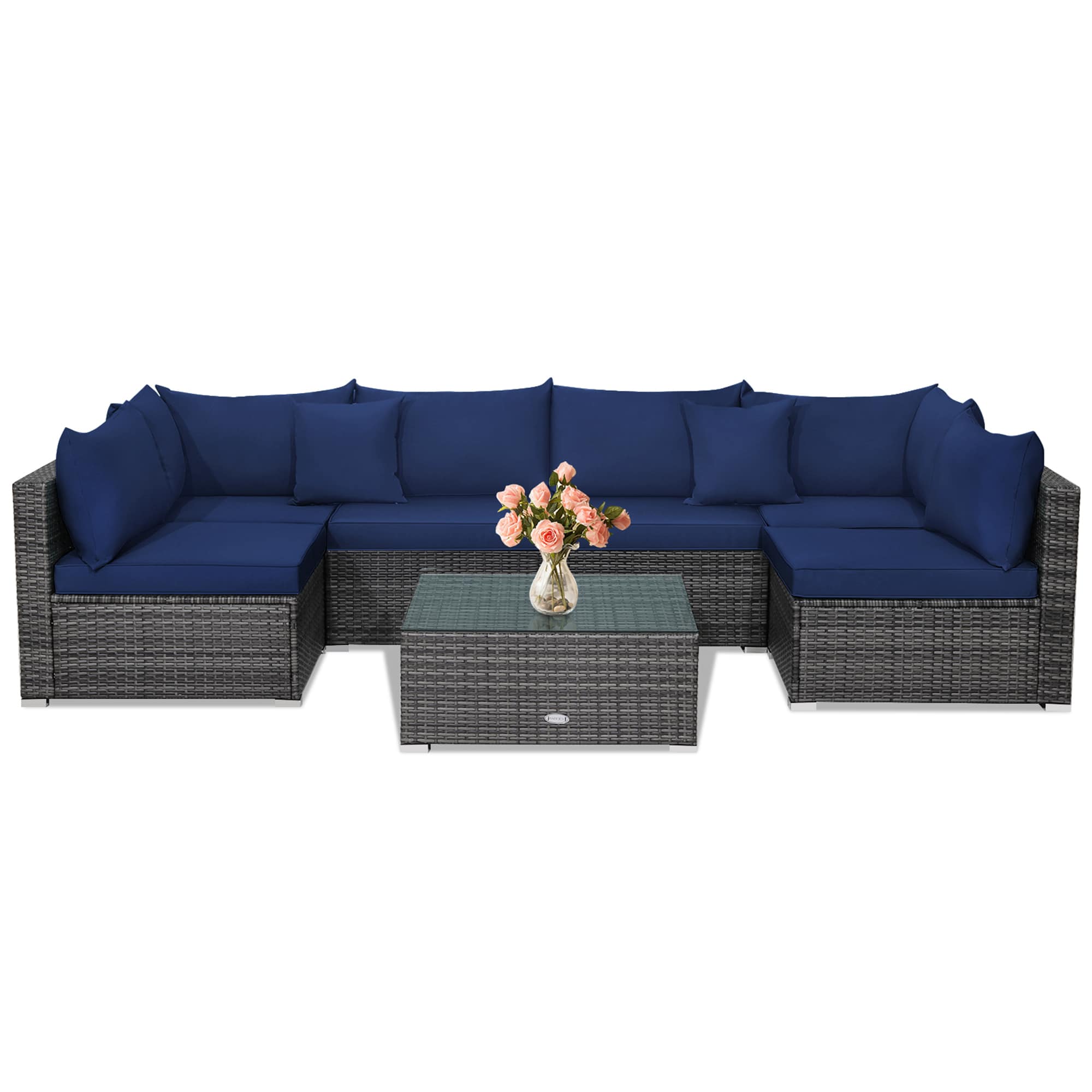 Mondawe MD-HF40410 7 -Piece Rattan Patio Conversation Set with Blue Cushions