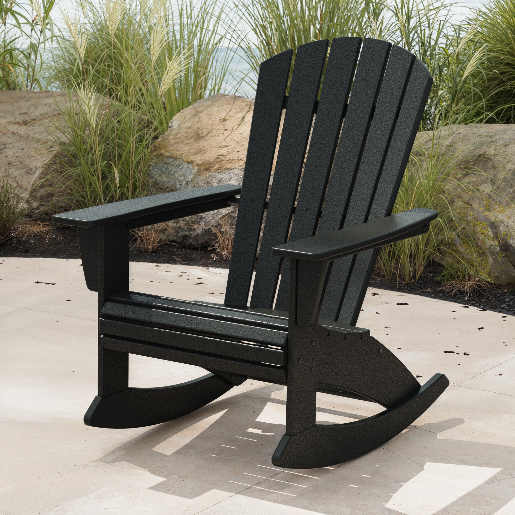 POLYWOOD ADR610BL Nautical Black Plastic Frame Rocking Chair with Slat Seat