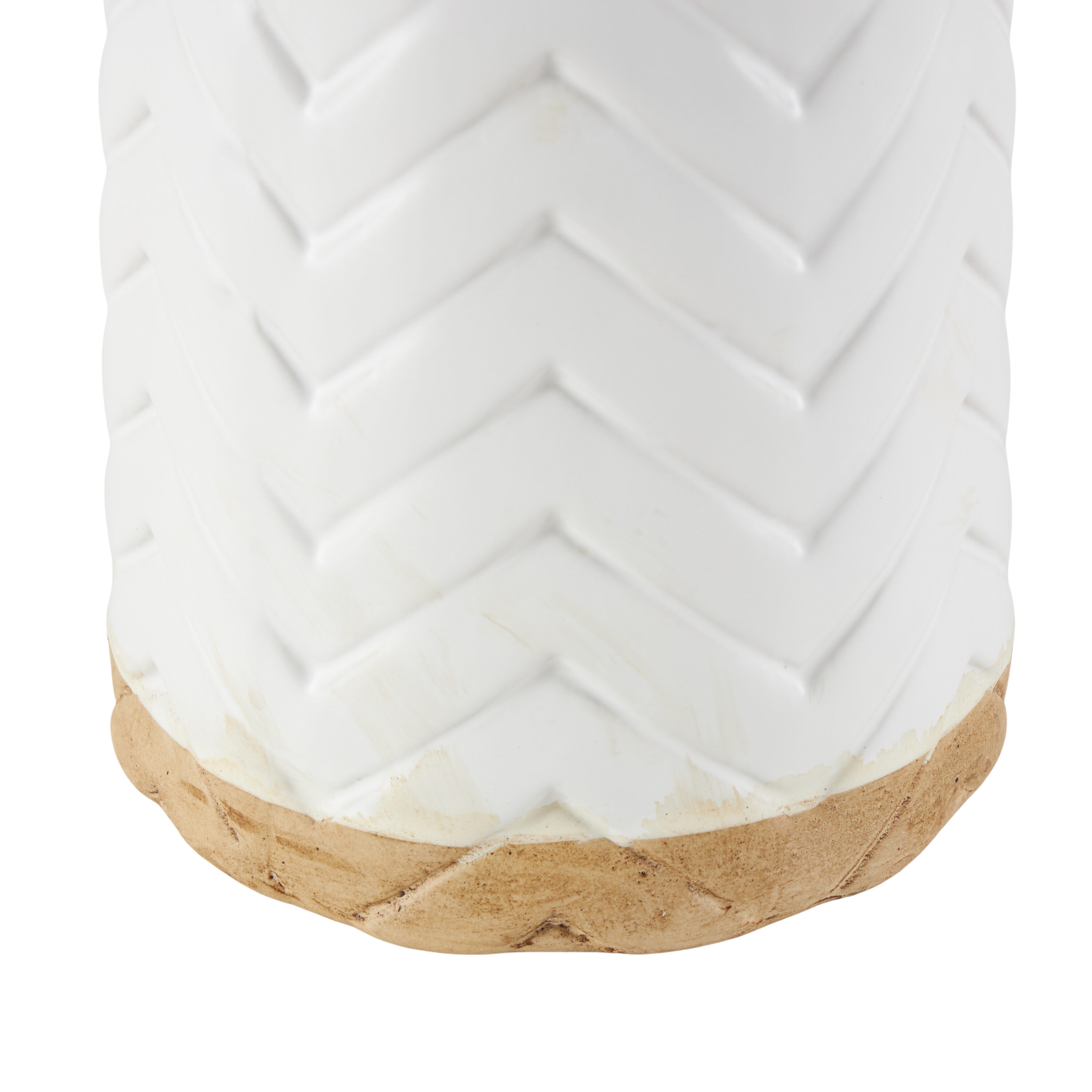 White Chevron Pattern Ceramic Vase with Brown Base, 12"