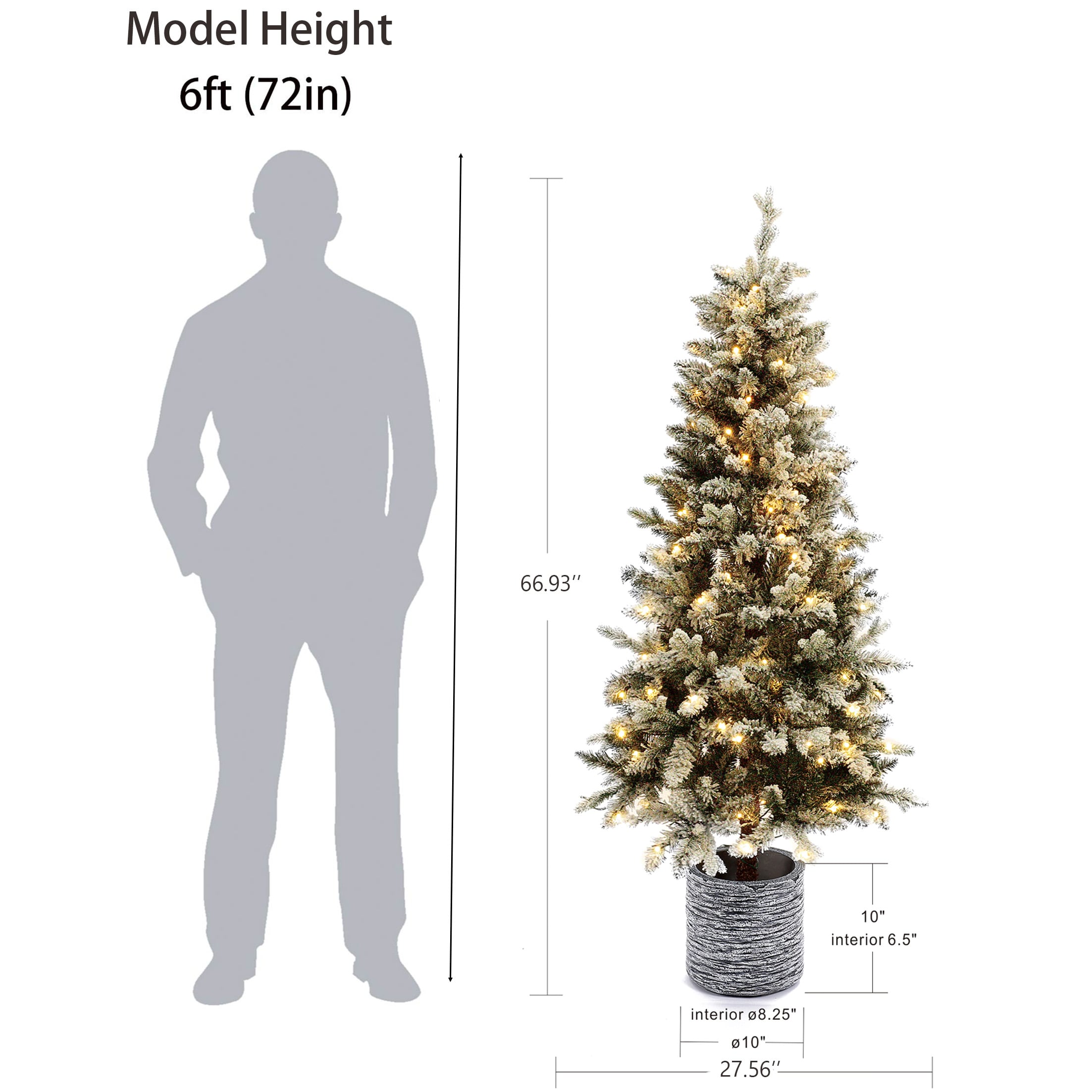 5.6 Ft Pre-Lit White Flocked Fir Christmas Tree with Gray Pot